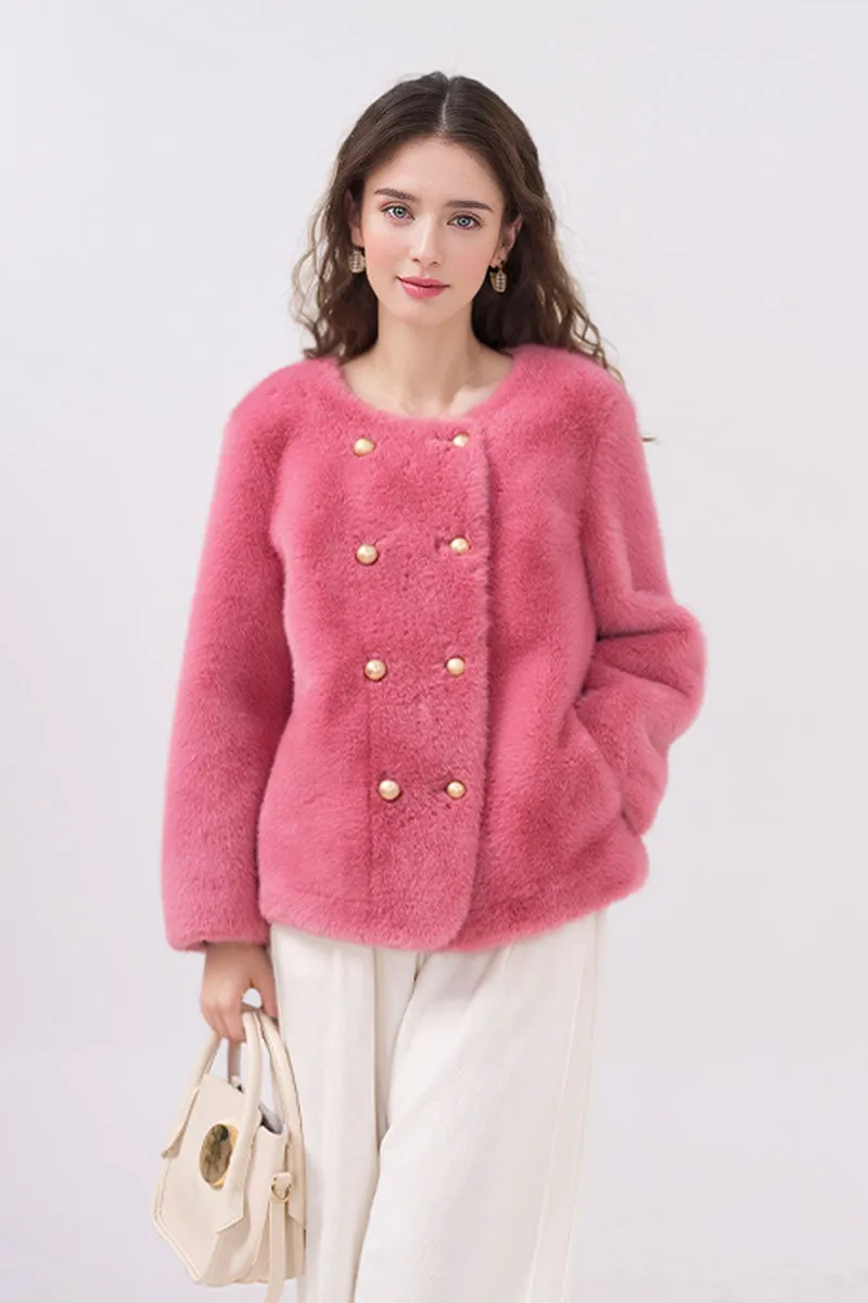 Faux Mink Fur Double Breasted Collarless Jacket