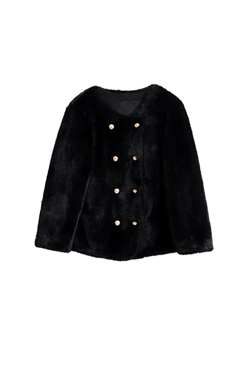 Faux Mink Fur Double Breasted Collarless Jacket