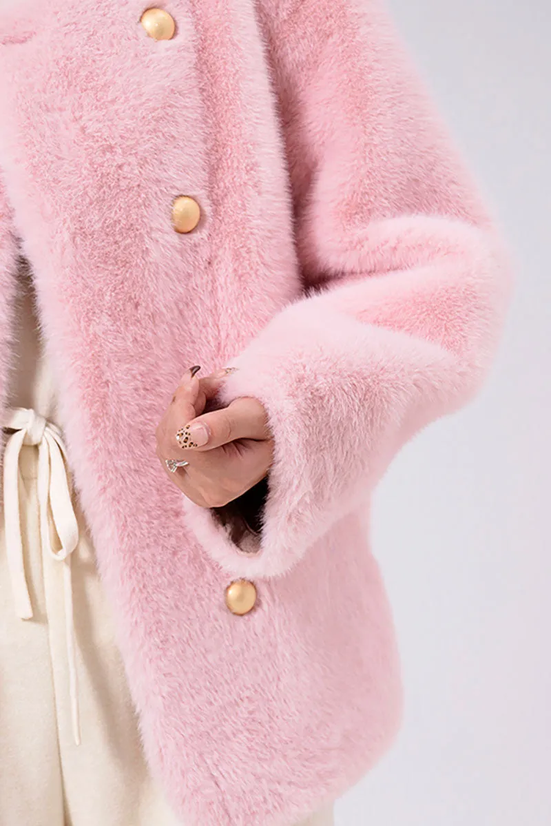 Faux Mink Fur Double Breasted Collarless Jacket