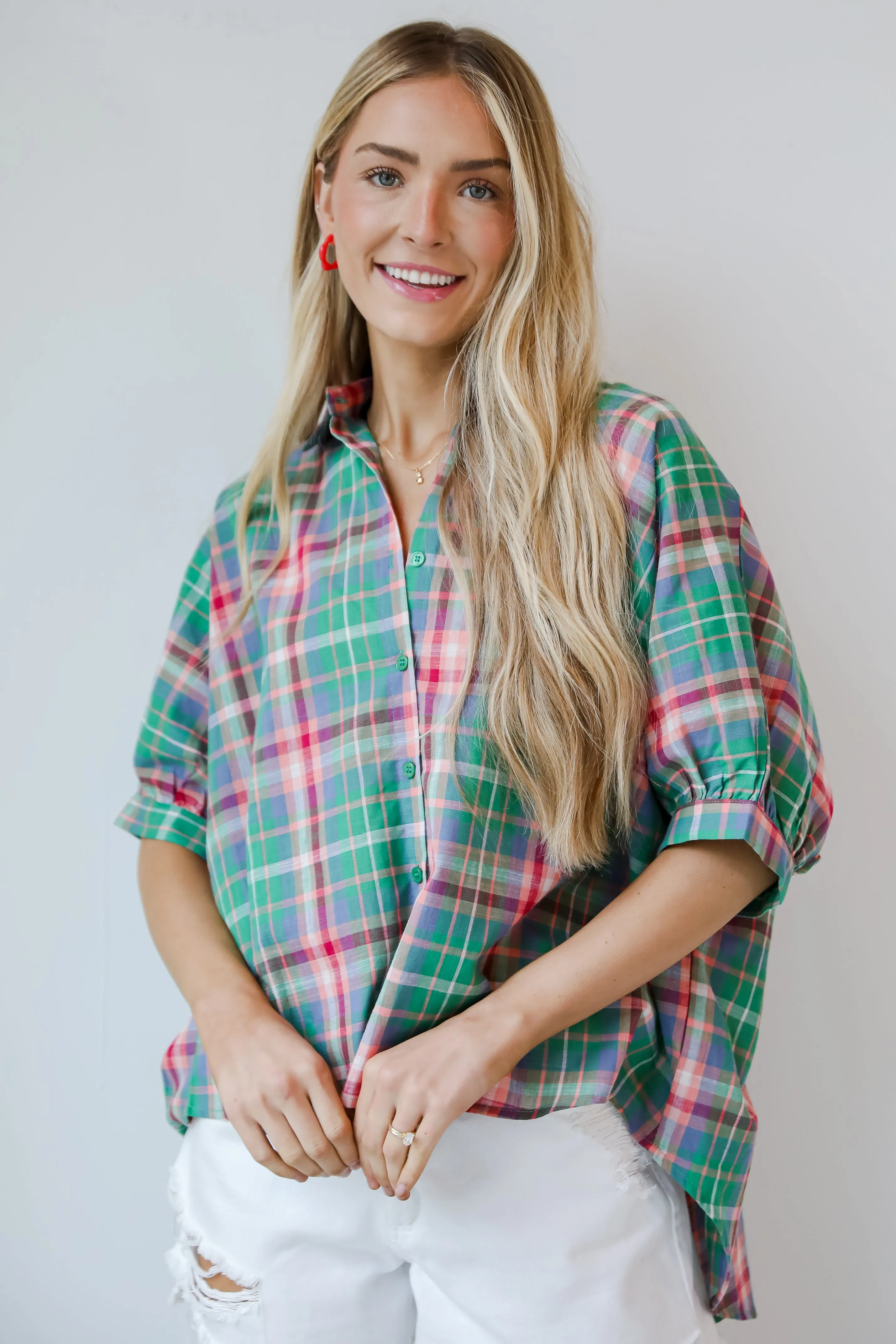 FINAL SALE - Surely Charmed Green Plaid Blouse