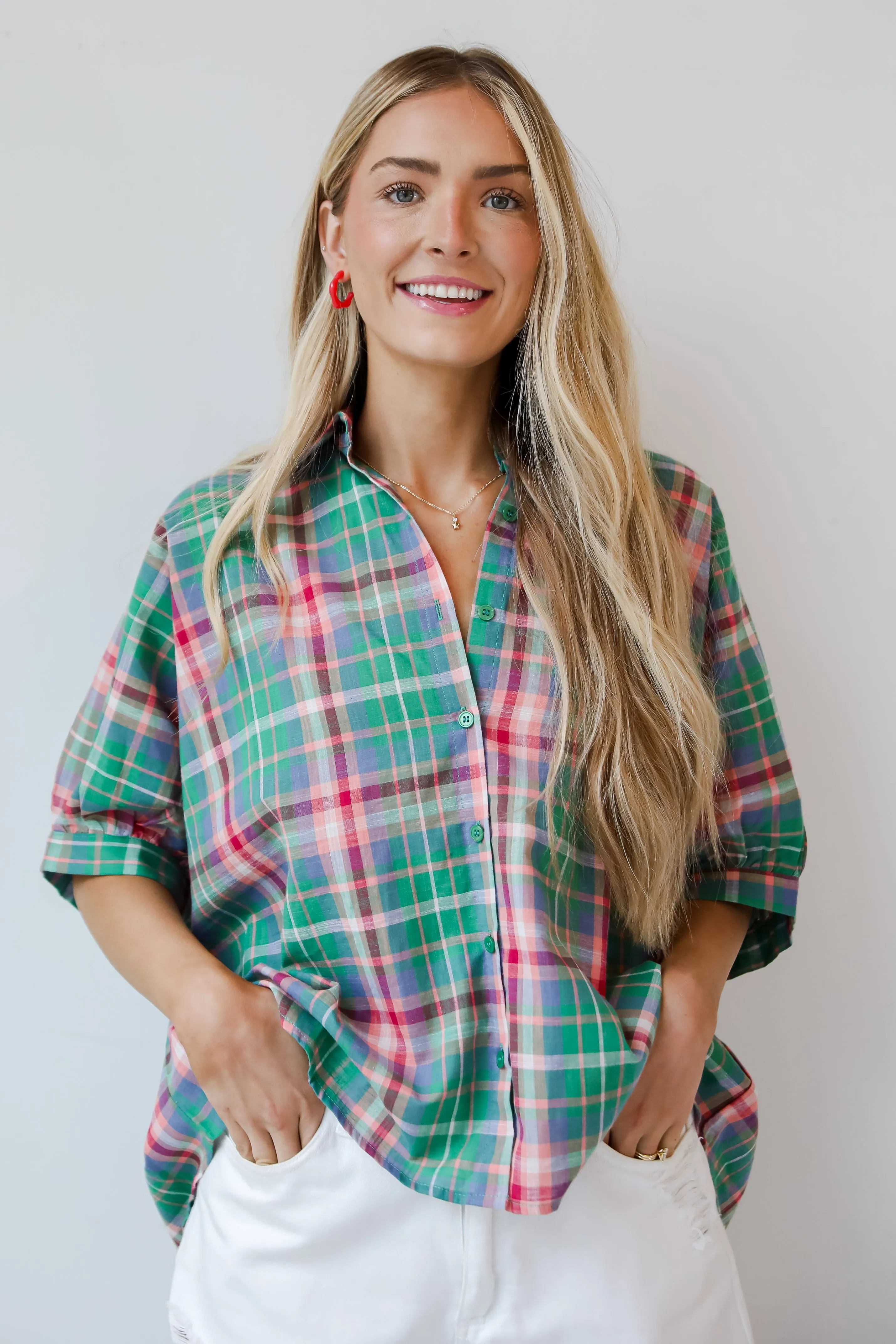 FINAL SALE - Surely Charmed Green Plaid Blouse