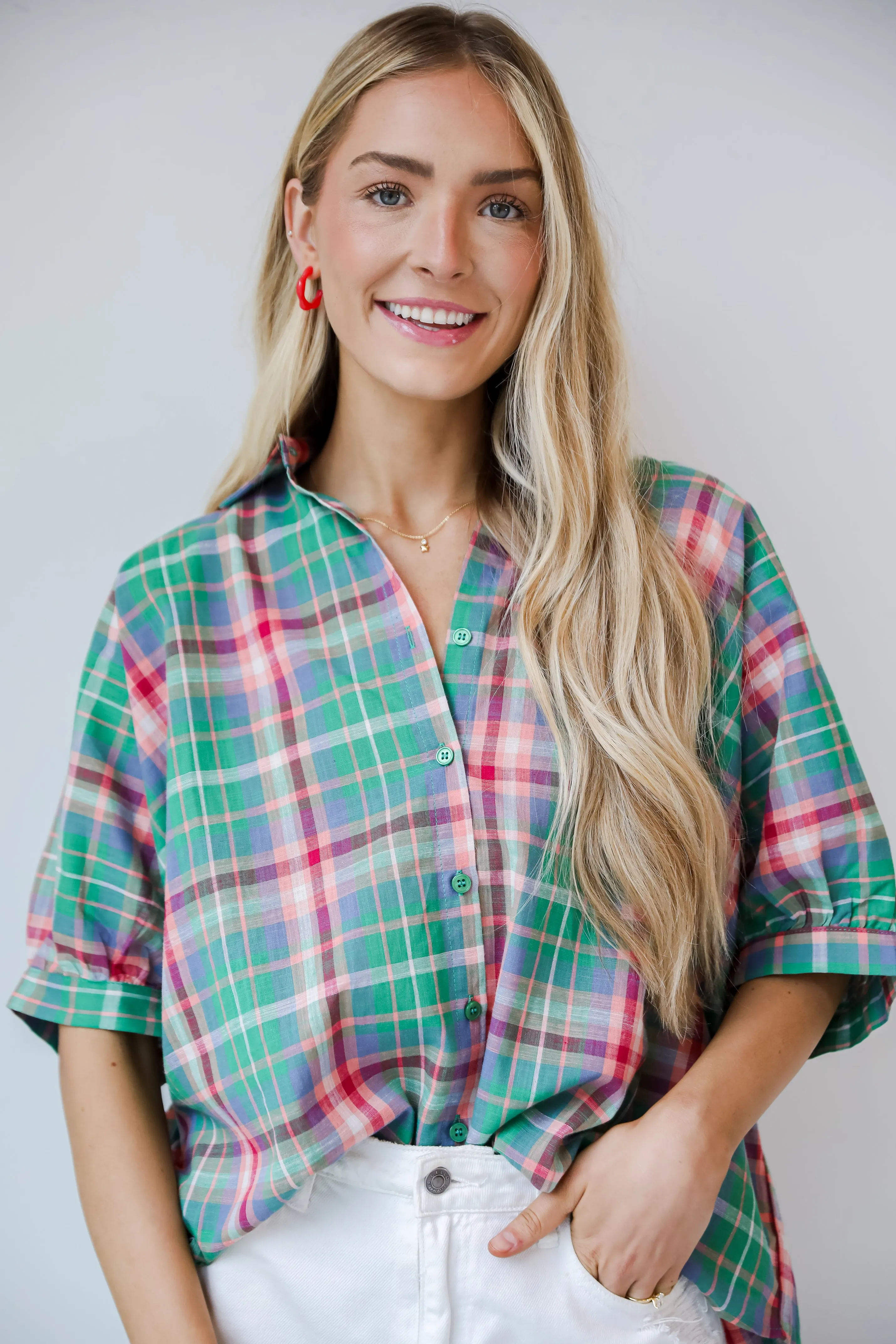 FINAL SALE - Surely Charmed Green Plaid Blouse
