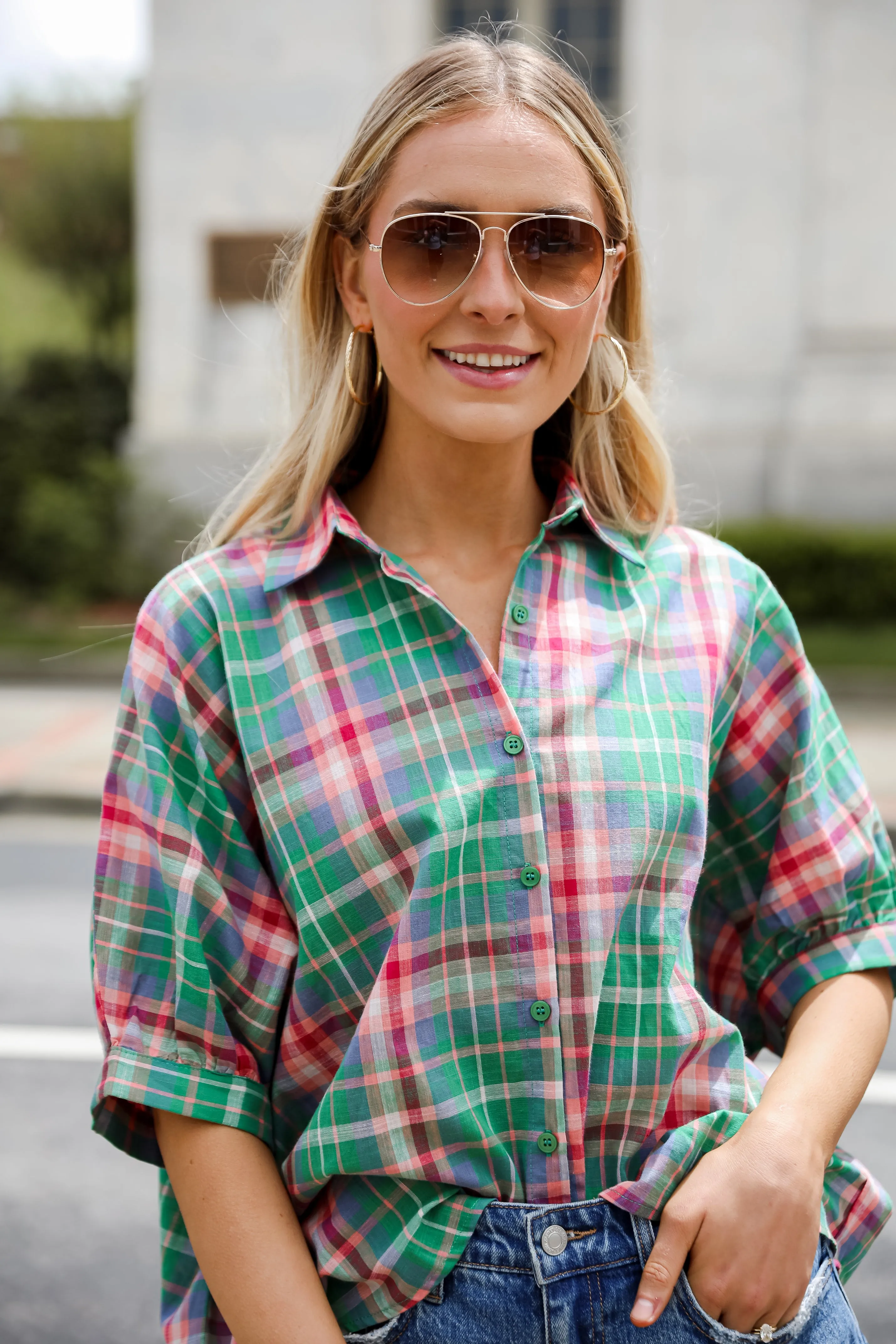 FINAL SALE - Surely Charmed Green Plaid Blouse