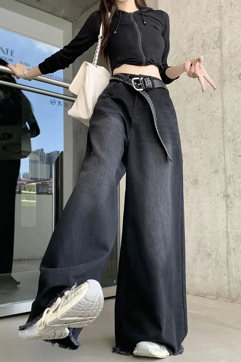Flytonn-cute winter outfits casual winter outfits christmas outfit party look inspos High Waist Loose Wide Leg Oversize Black Jeans Pants