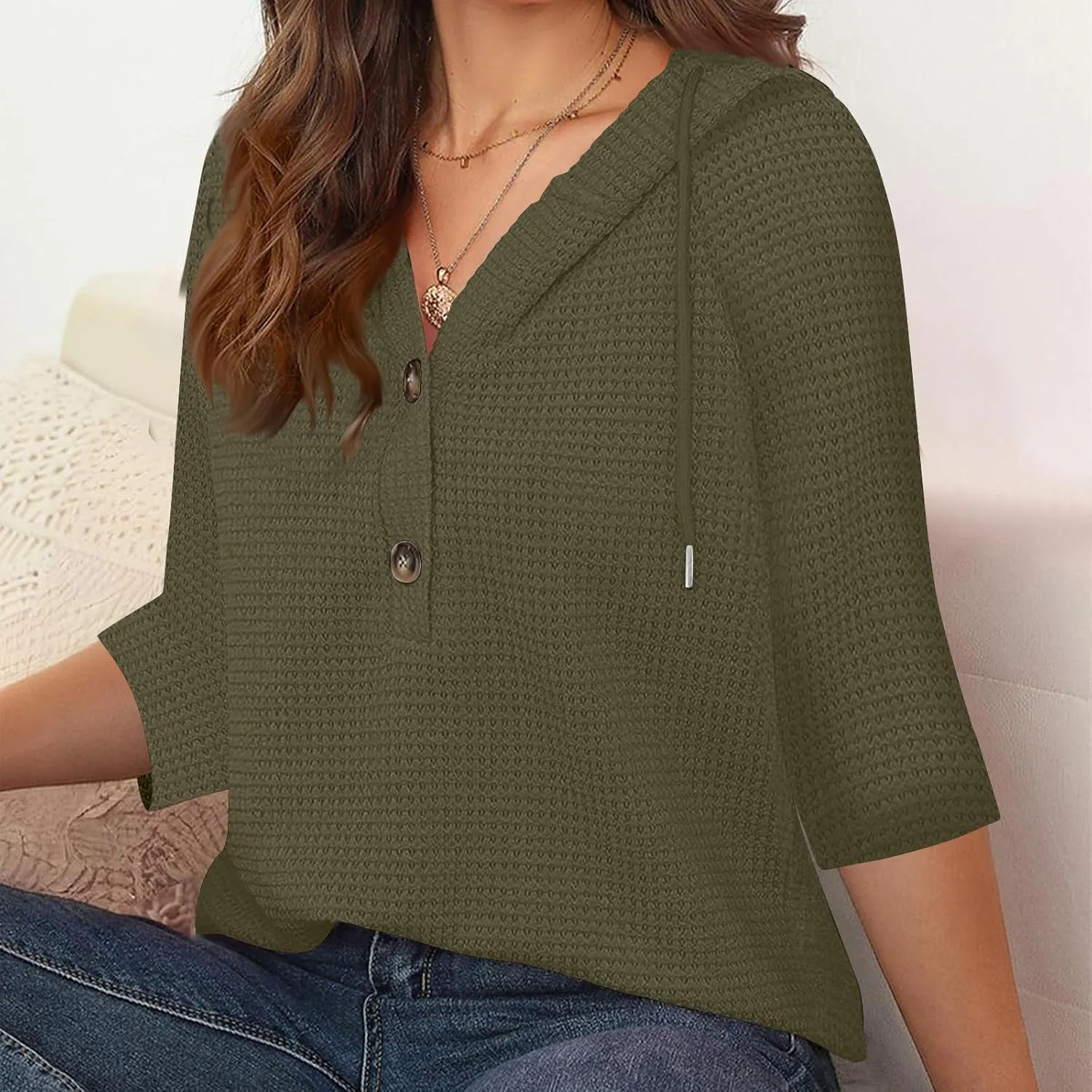 GOFULY Shirts For Women Trendy 3/4 Sleeve Button Summer Waffle Hoodie Henley V Neck Blouses Casual Solid Elbow Sleeve Tops