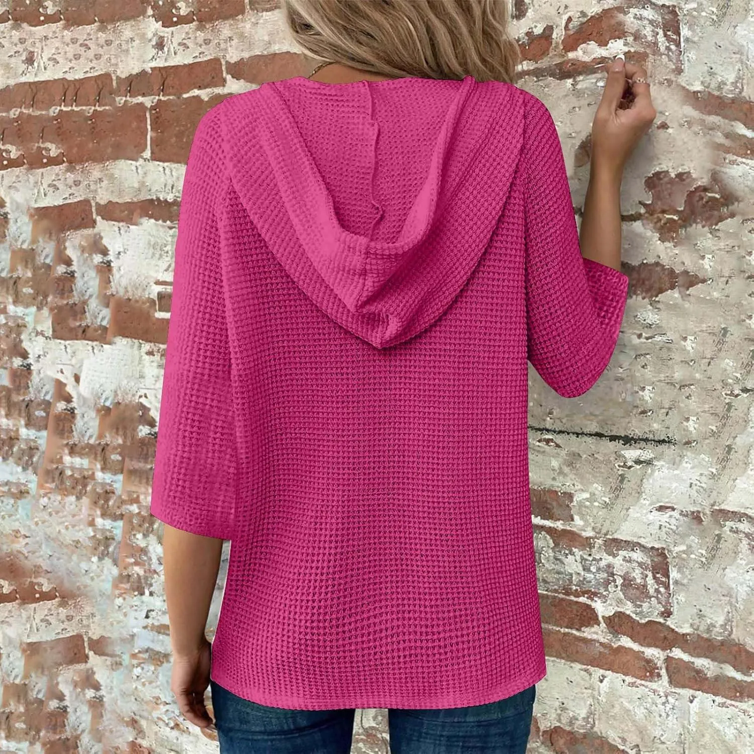 GOFULY Shirts For Women Trendy 3/4 Sleeve Button Summer Waffle Hoodie Henley V Neck Blouses Casual Solid Elbow Sleeve Tops