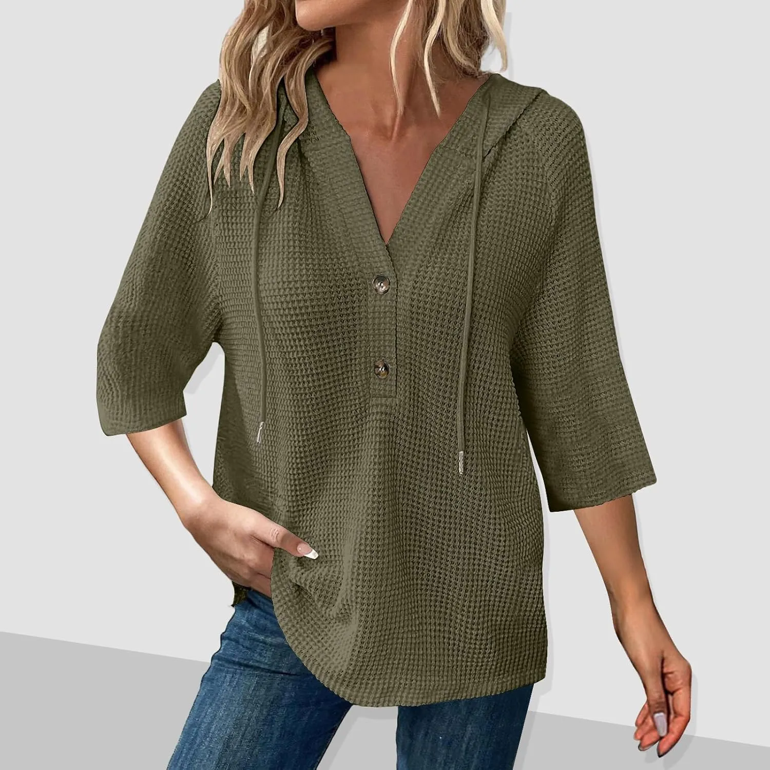 GOFULY Shirts For Women Trendy 3/4 Sleeve Button Summer Waffle Hoodie Henley V Neck Blouses Casual Solid Elbow Sleeve Tops