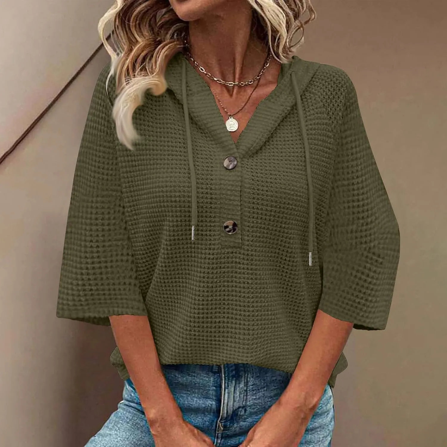 GOFULY Shirts For Women Trendy 3/4 Sleeve Button Summer Waffle Hoodie Henley V Neck Blouses Casual Solid Elbow Sleeve Tops
