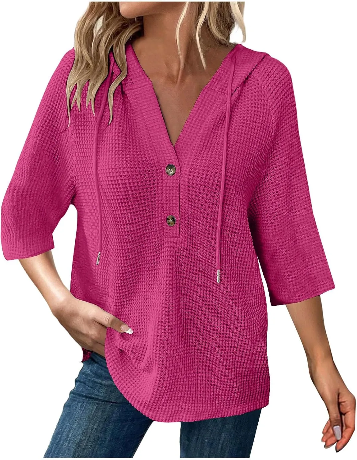 GOFULY Shirts For Women Trendy 3/4 Sleeve Button Summer Waffle Hoodie Henley V Neck Blouses Casual Solid Elbow Sleeve Tops