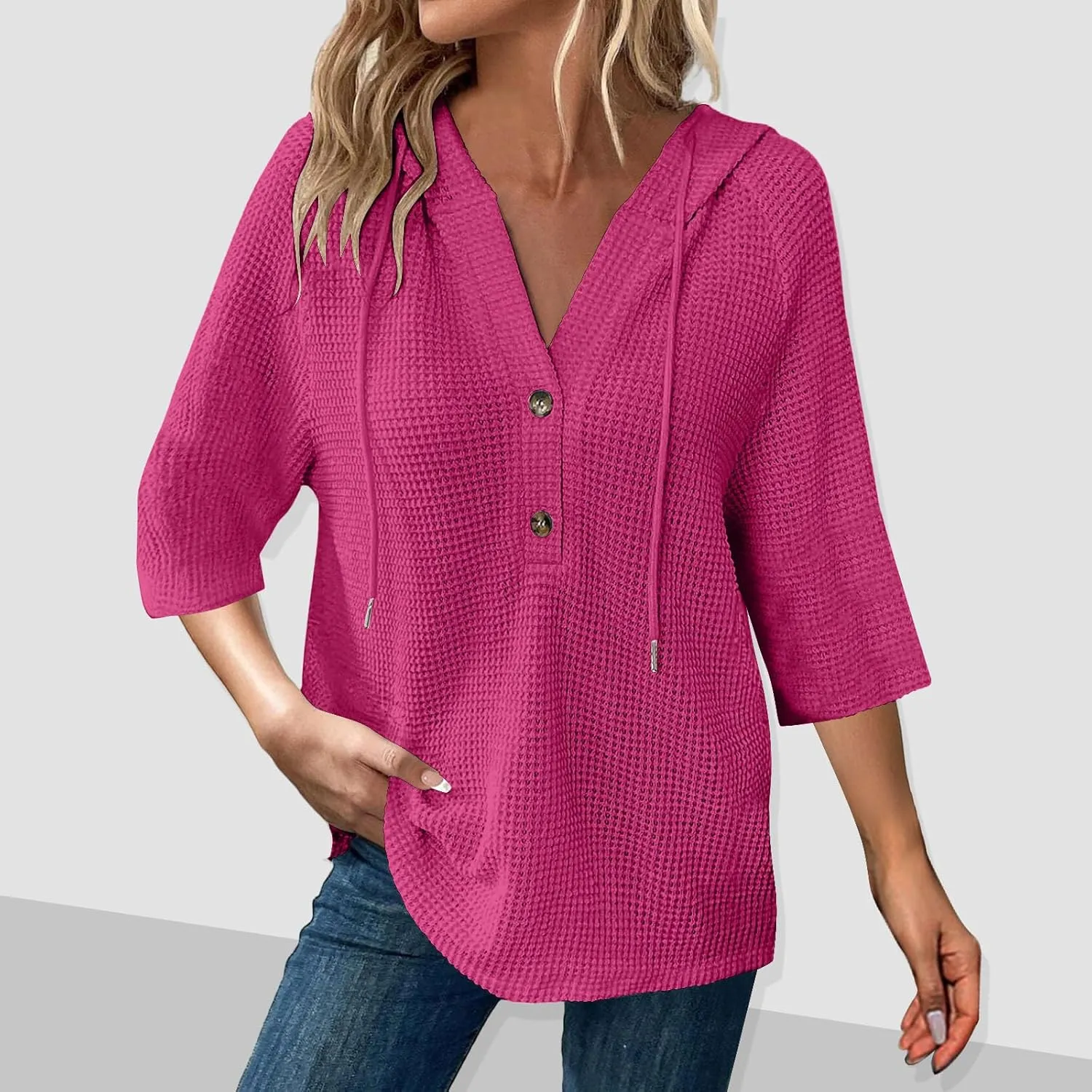 GOFULY Shirts For Women Trendy 3/4 Sleeve Button Summer Waffle Hoodie Henley V Neck Blouses Casual Solid Elbow Sleeve Tops