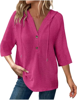 GOFULY Shirts For Women Trendy 3/4 Sleeve Button Summer Waffle Hoodie Henley V Neck Blouses Casual Solid Elbow Sleeve Tops