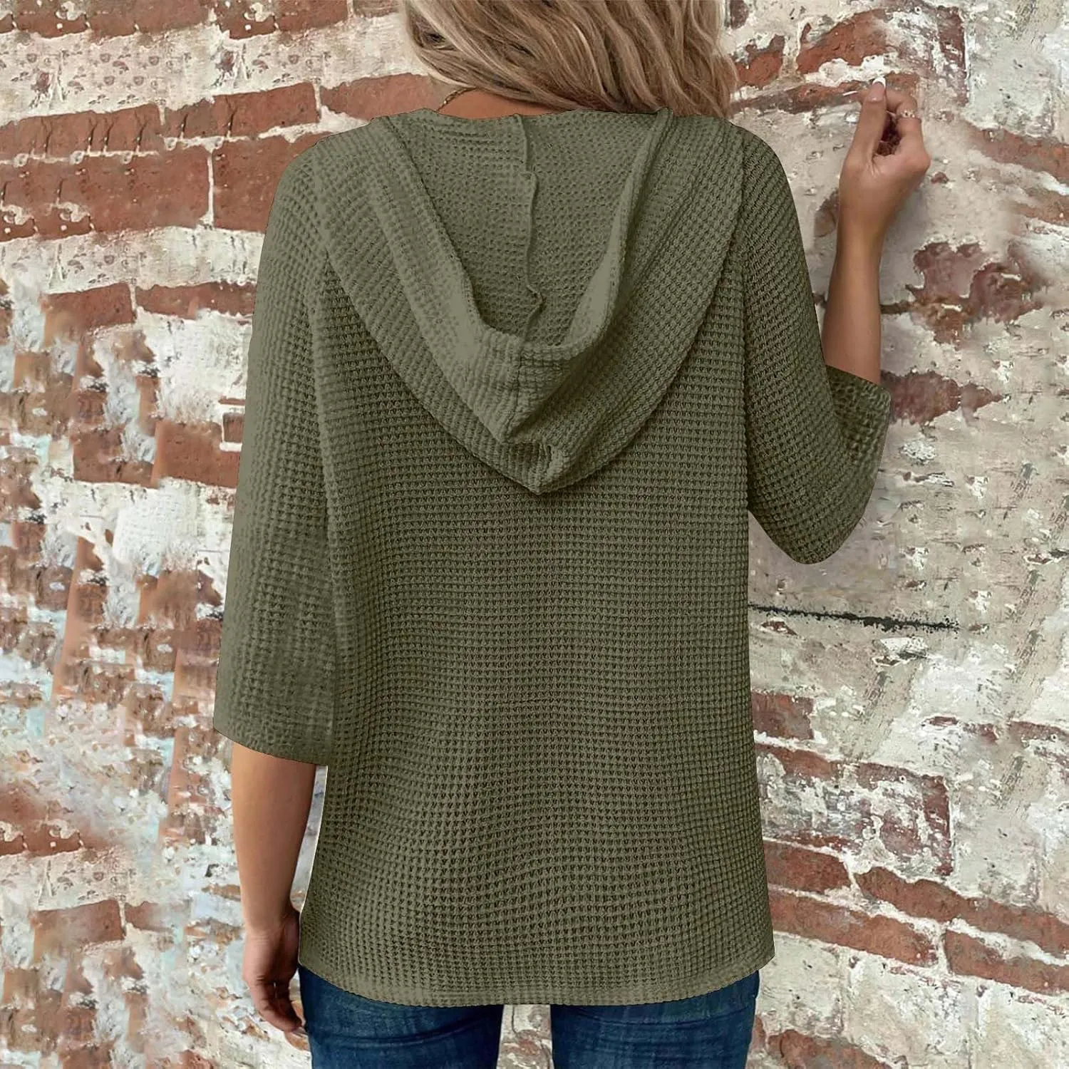 GOFULY Shirts For Women Trendy 3/4 Sleeve Button Summer Waffle Hoodie Henley V Neck Blouses Casual Solid Elbow Sleeve Tops