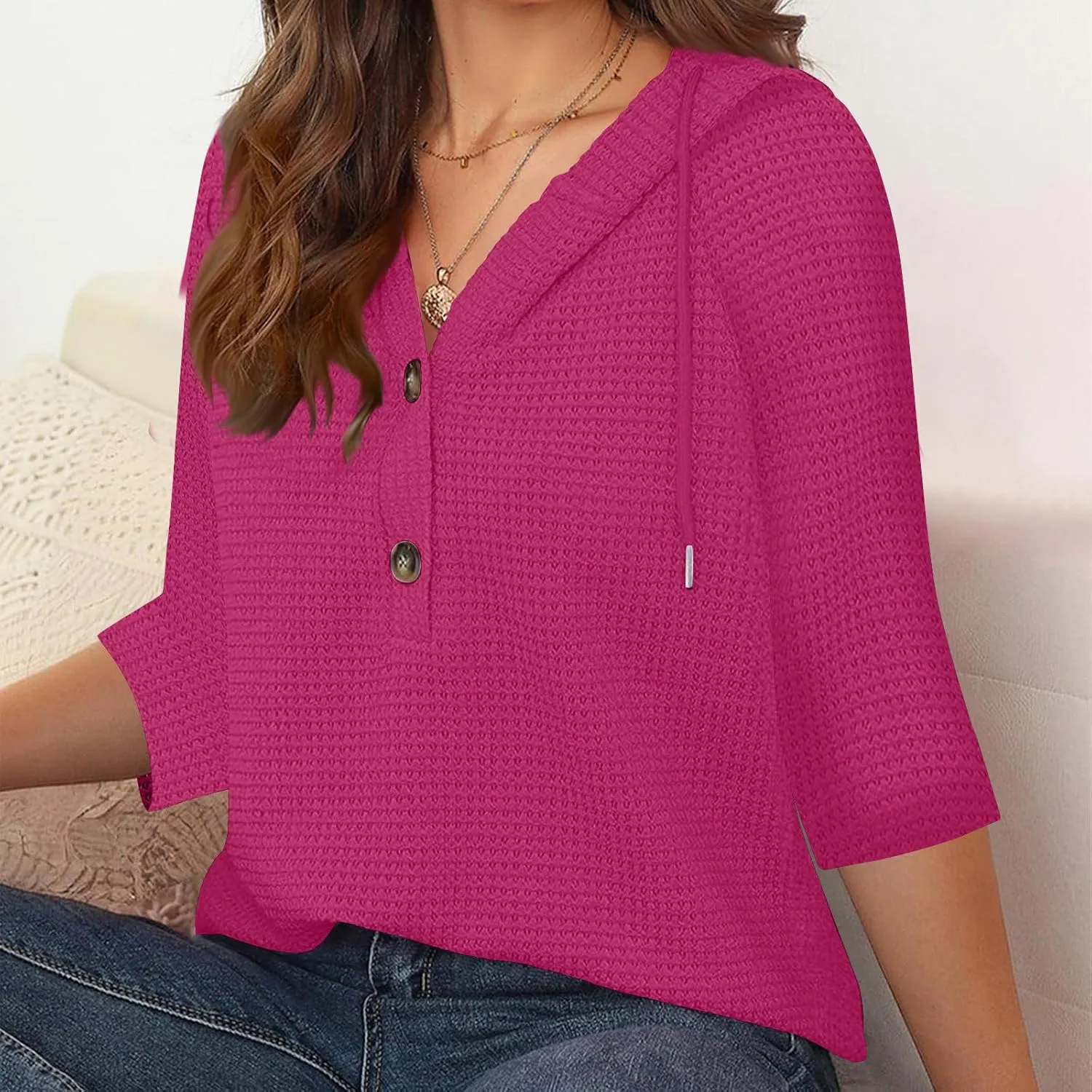 GOFULY Shirts For Women Trendy 3/4 Sleeve Button Summer Waffle Hoodie Henley V Neck Blouses Casual Solid Elbow Sleeve Tops