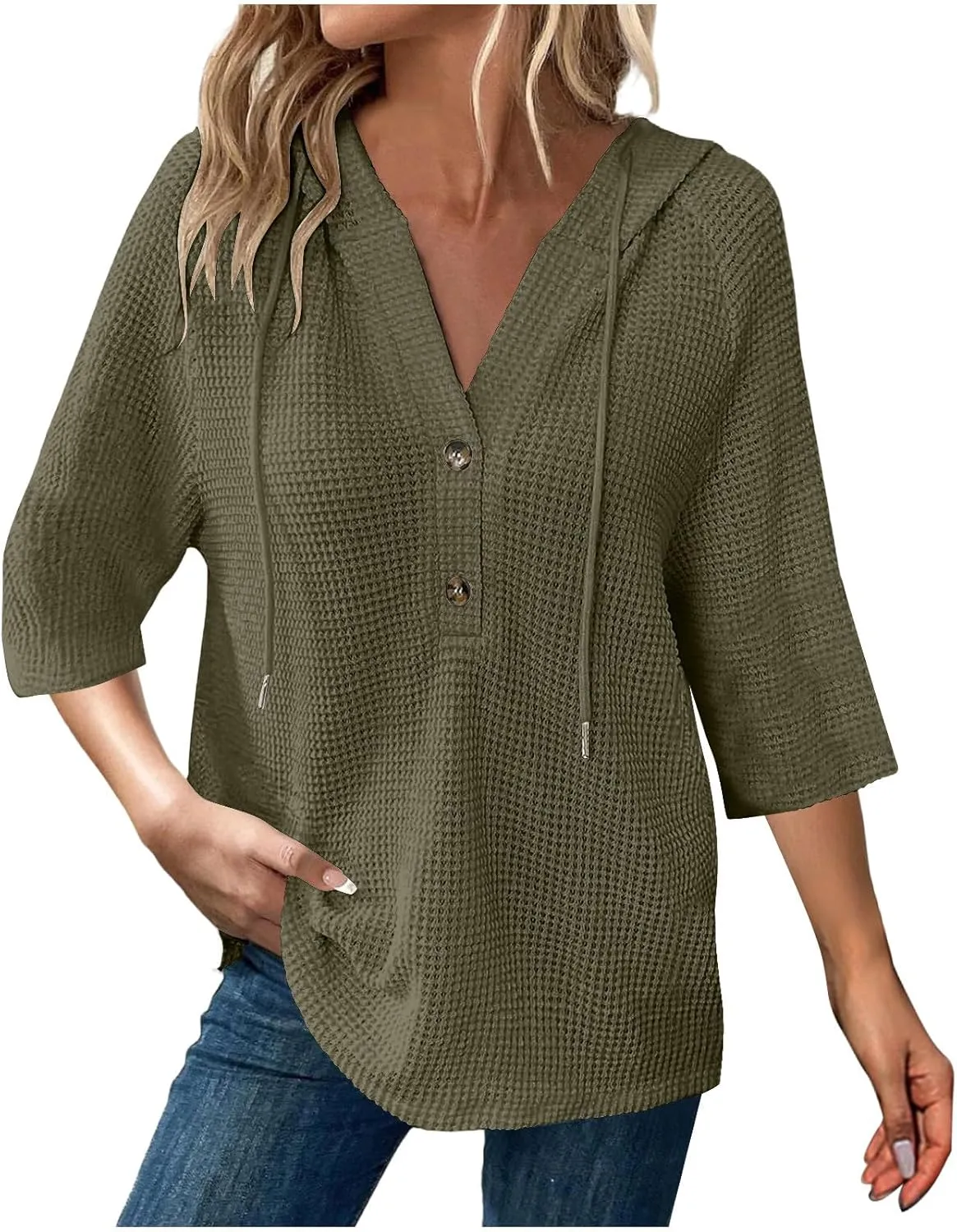 GOFULY Shirts For Women Trendy 3/4 Sleeve Button Summer Waffle Hoodie Henley V Neck Blouses Casual Solid Elbow Sleeve Tops