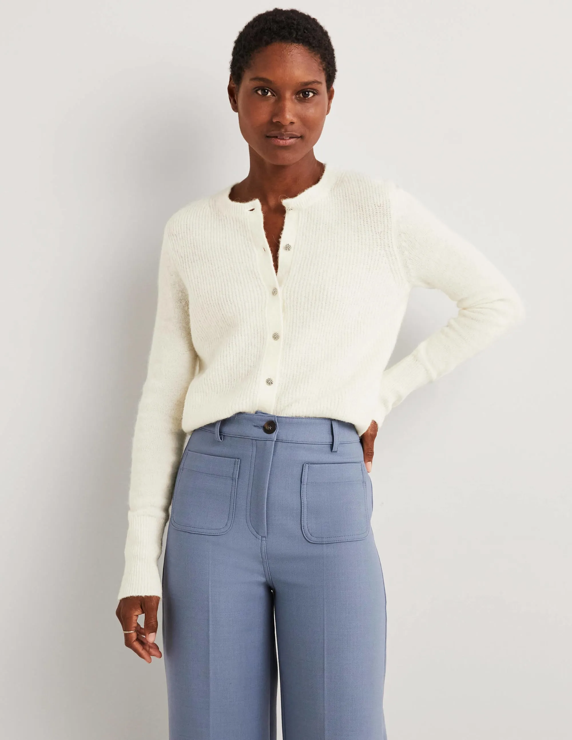 Jewel Button Fluffy Cardigan-Ivory