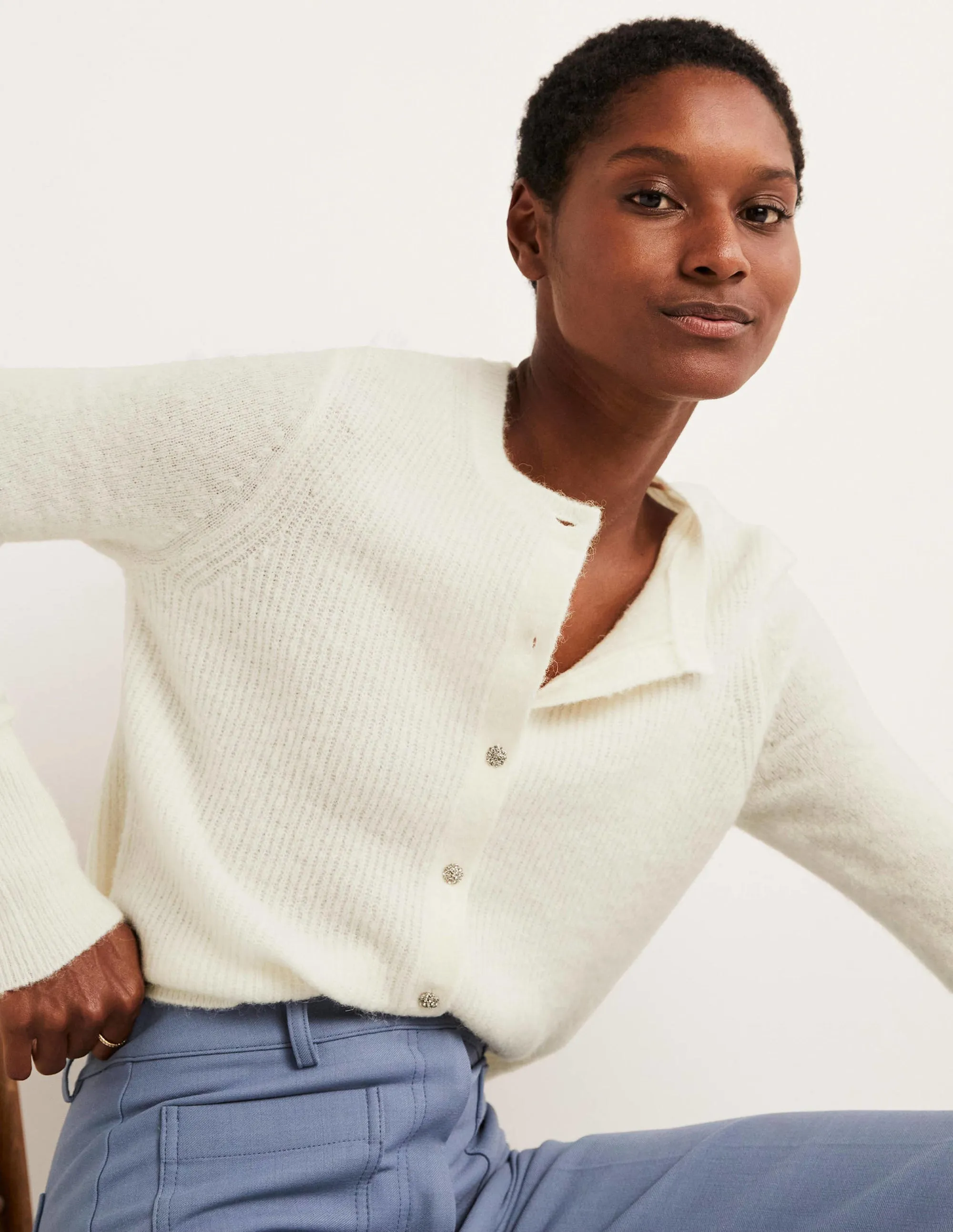 Jewel Button Fluffy Cardigan-Ivory