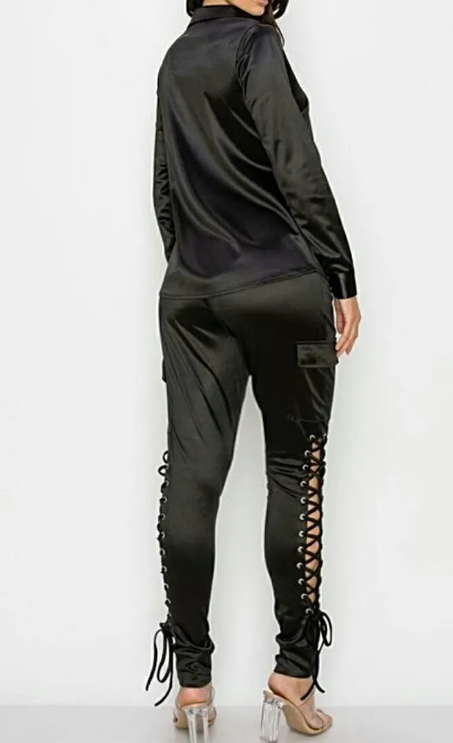 Lace It Up 2Pc Satin Stretch Pant Set