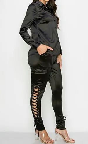 Lace It Up 2Pc Satin Stretch Pant Set