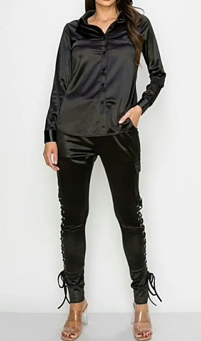 Lace It Up 2Pc Satin Stretch Pant Set