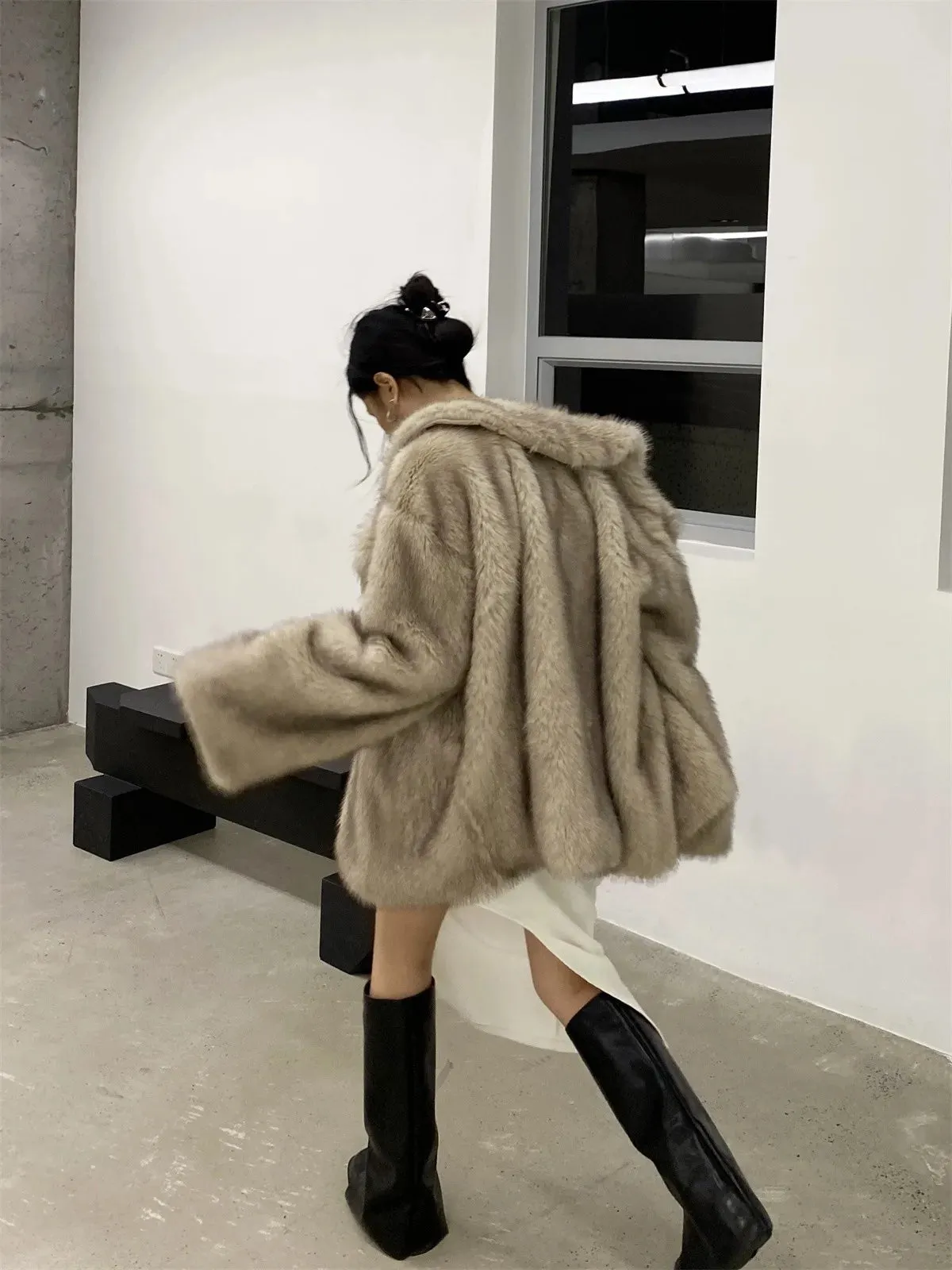 Lapel Long sleeve Shaggy Faux Fur Jacket