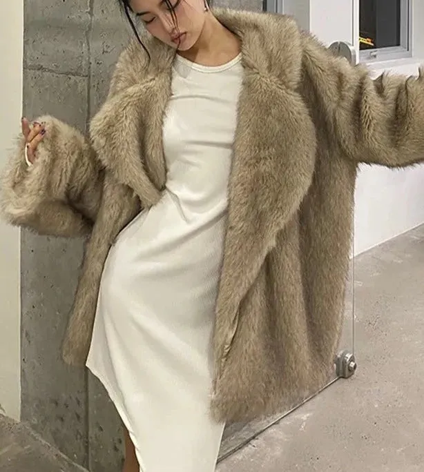 Lapel Long sleeve Shaggy Faux Fur Jacket