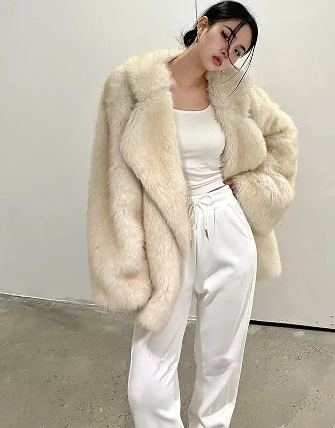 Lapel Long sleeve Shaggy Faux Fur Jacket