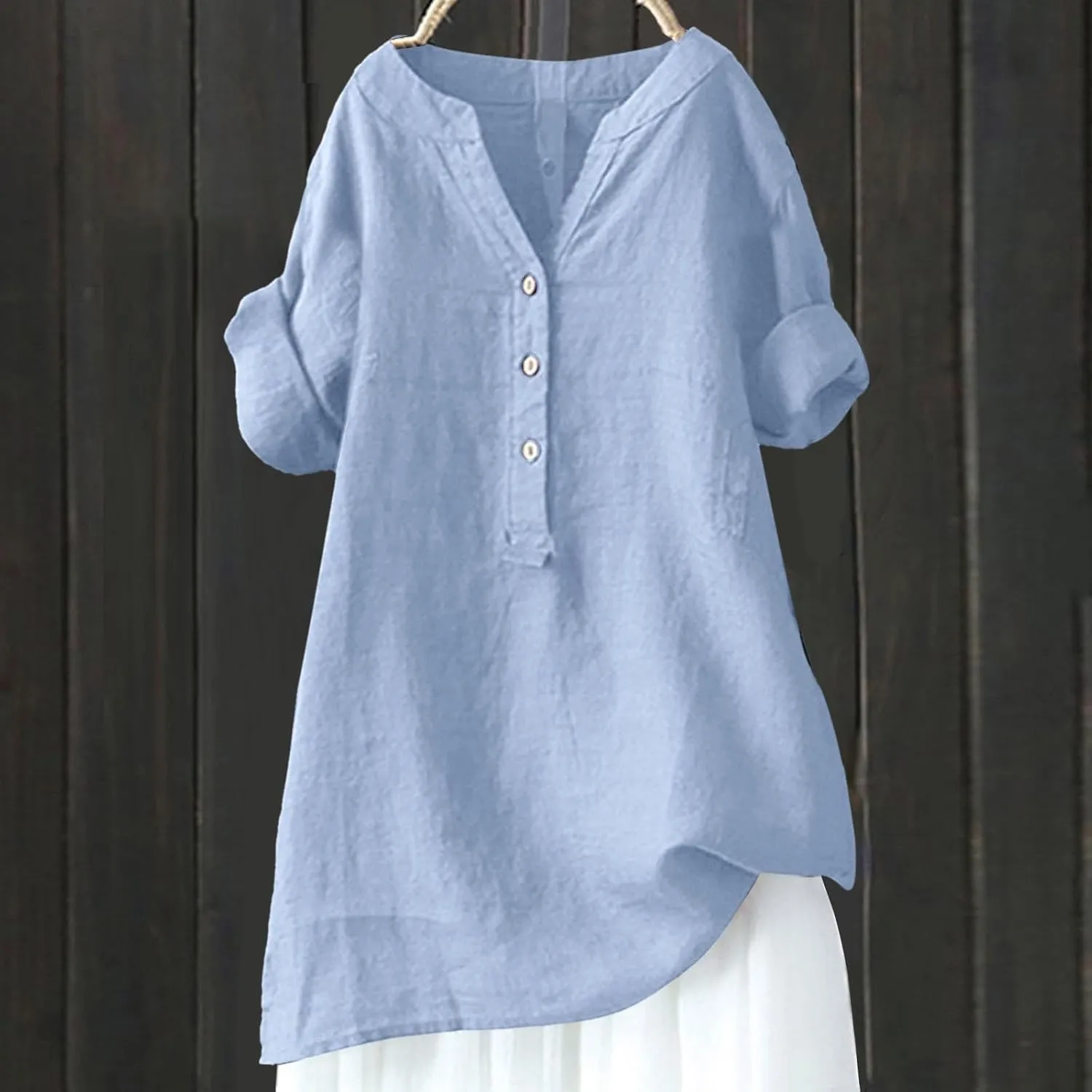 Linen Shirts for Women Button Down V Neck Boho Tees Short Sleeve Loose Fit Beach Tops Plus Size Casual Work Blouses