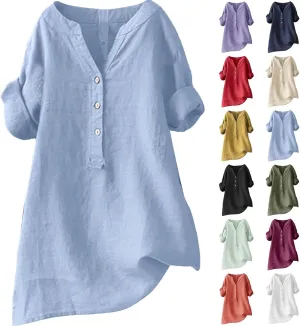 Linen Shirts for Women Button Down V Neck Boho Tees Short Sleeve Loose Fit Beach Tops Plus Size Casual Work Blouses