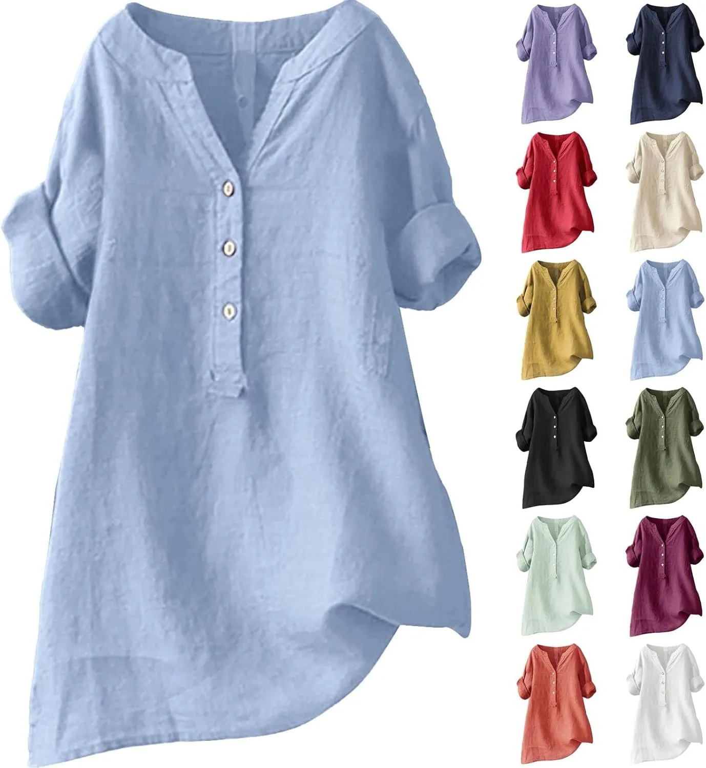 Linen Shirts for Women Button Down V Neck Boho Tees Short Sleeve Loose Fit Beach Tops Plus Size Casual Work Blouses