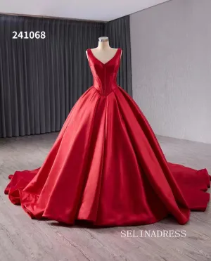 luxury Vneck Satin Wedding Dresses With Train Red Formal Gown 241068