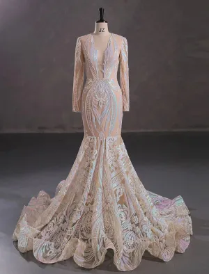 Mermaid / Trumpet Evening Gown Sparkle & Shine Dress Formal Evening Wedding Party Chapel Train Long Sleeve Jewel Neck African American Sequined with Sequin