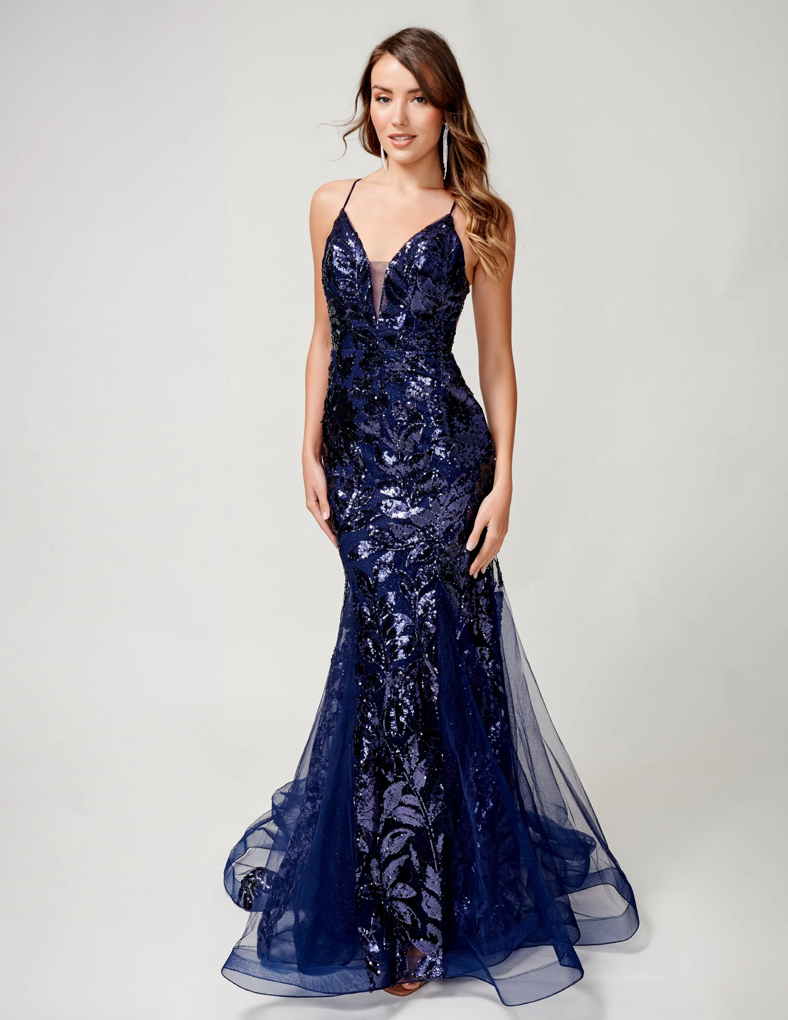 Nina Canacci 8236 Sequin Mermaid Prom Dress Backless Corset Formal Gown V Neck