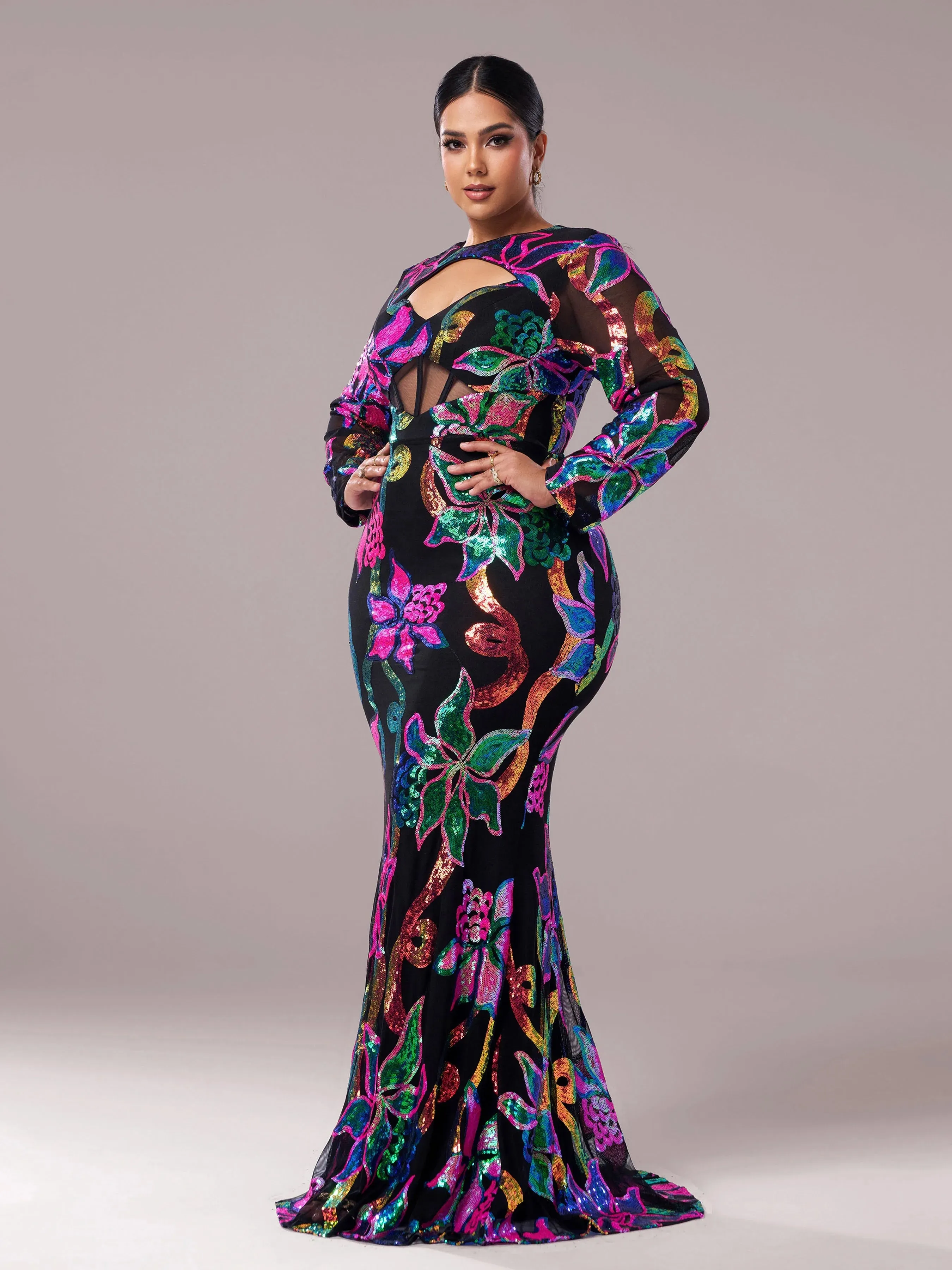 O Neck Long Sleeve Sequin Mermaid Evening Gown Formal Maxi Dress