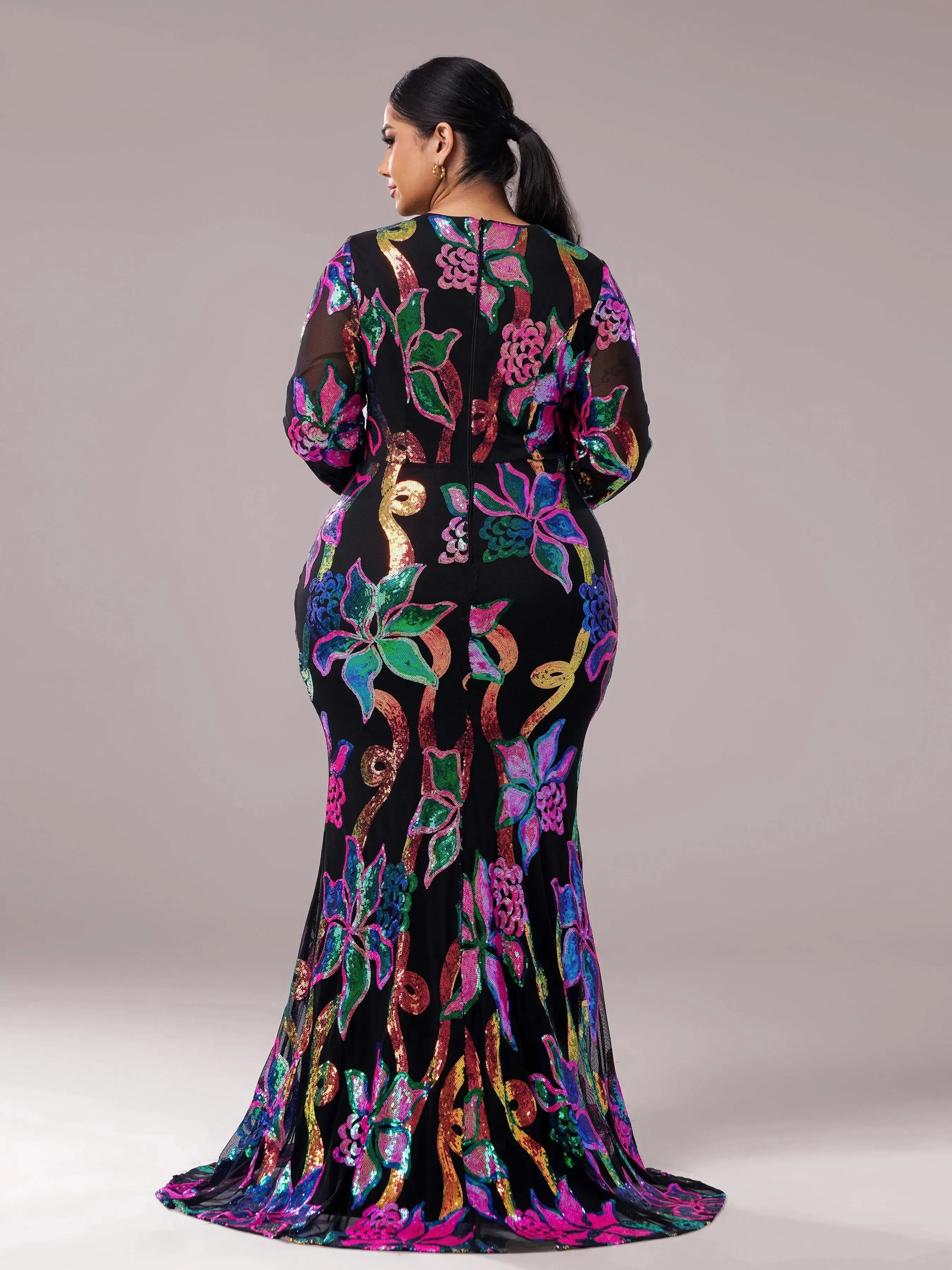 O Neck Long Sleeve Sequin Mermaid Evening Gown Formal Maxi Dress