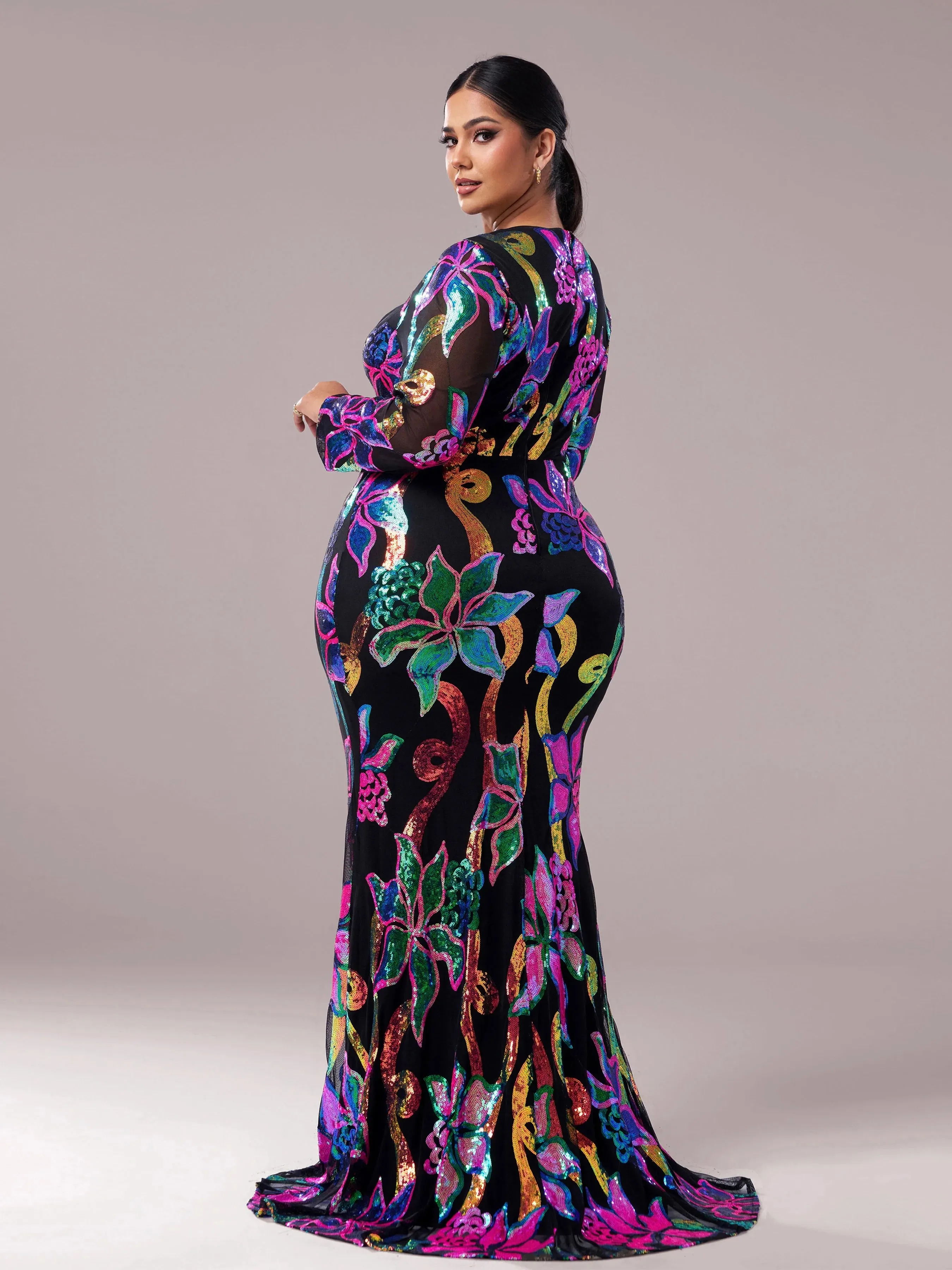 O Neck Long Sleeve Sequin Mermaid Evening Gown Formal Maxi Dress