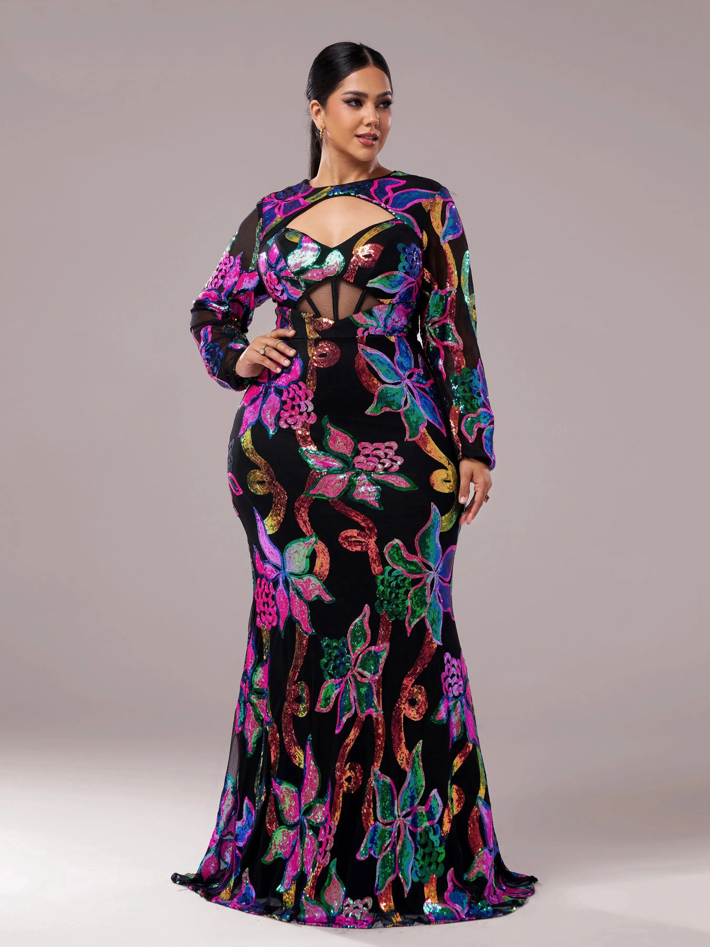 O Neck Long Sleeve Sequin Mermaid Evening Gown Formal Maxi Dress