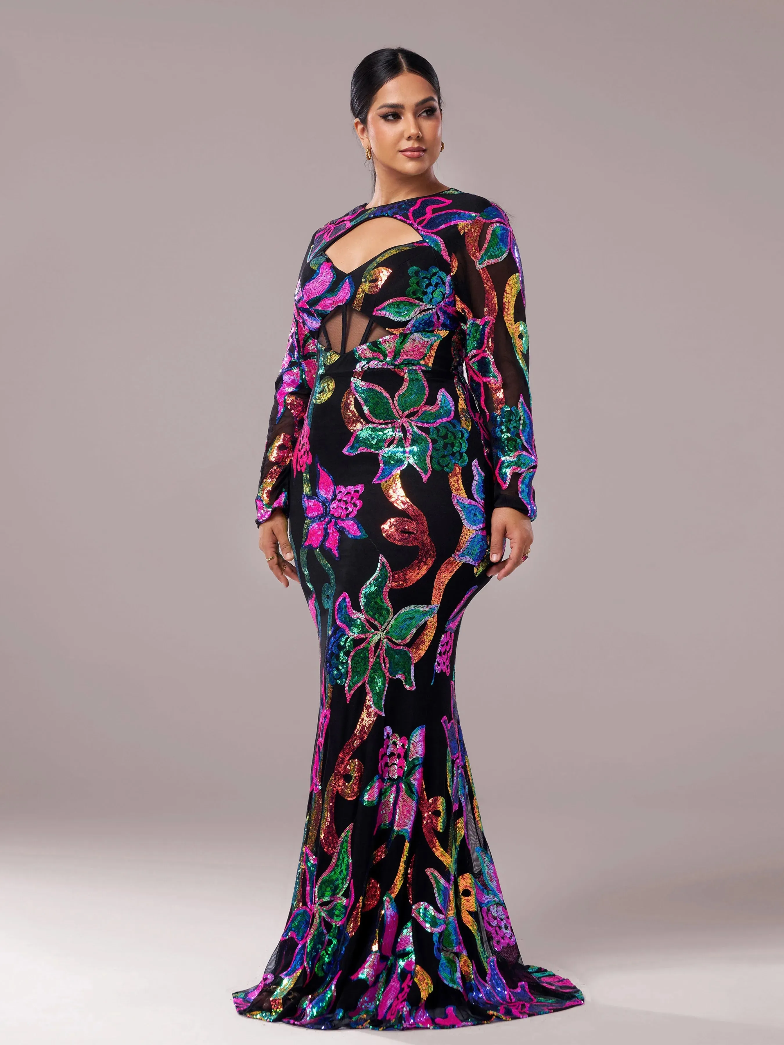 O Neck Long Sleeve Sequin Mermaid Evening Gown Formal Maxi Dress