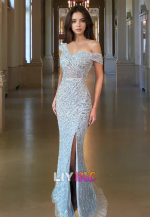 Off-Shoulder Sleeveless Side Slit Sequins Sparkly Mermaid Prom Dress