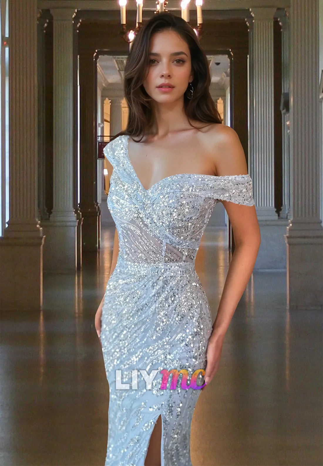 Off-Shoulder Sleeveless Side Slit Sequins Sparkly Mermaid Prom Dress