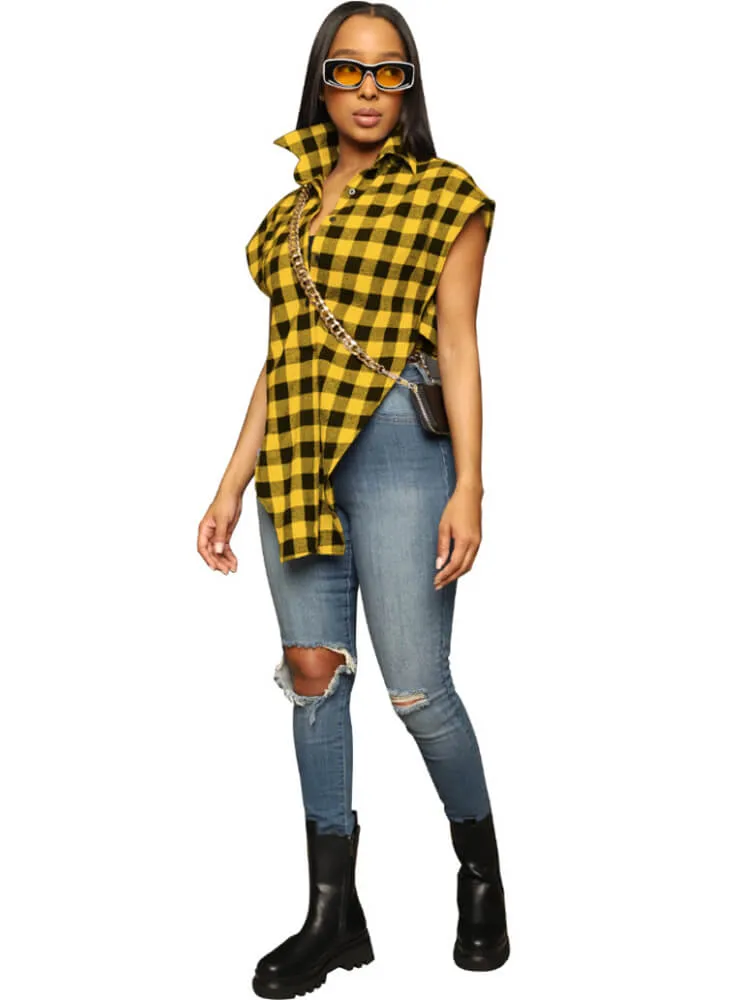 Plaid Print Strappy Irregular Sleeveless Shirt