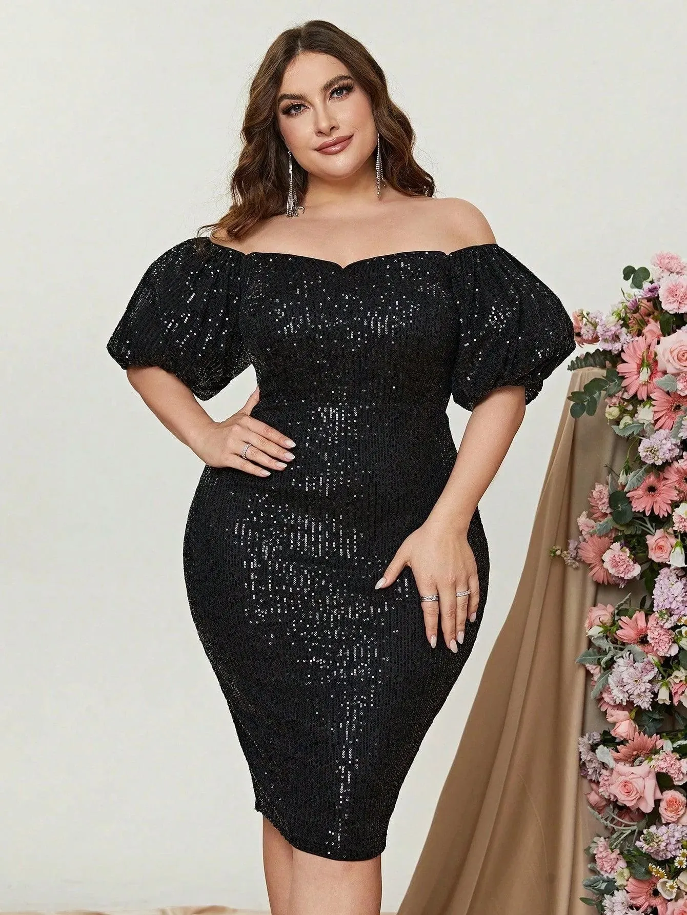 Plus Off Shoulder Puff Sleeves Sequin Midi Dress