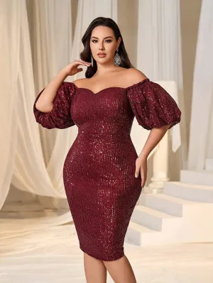Plus Off Shoulder Puff Sleeves Sequin Midi Dress