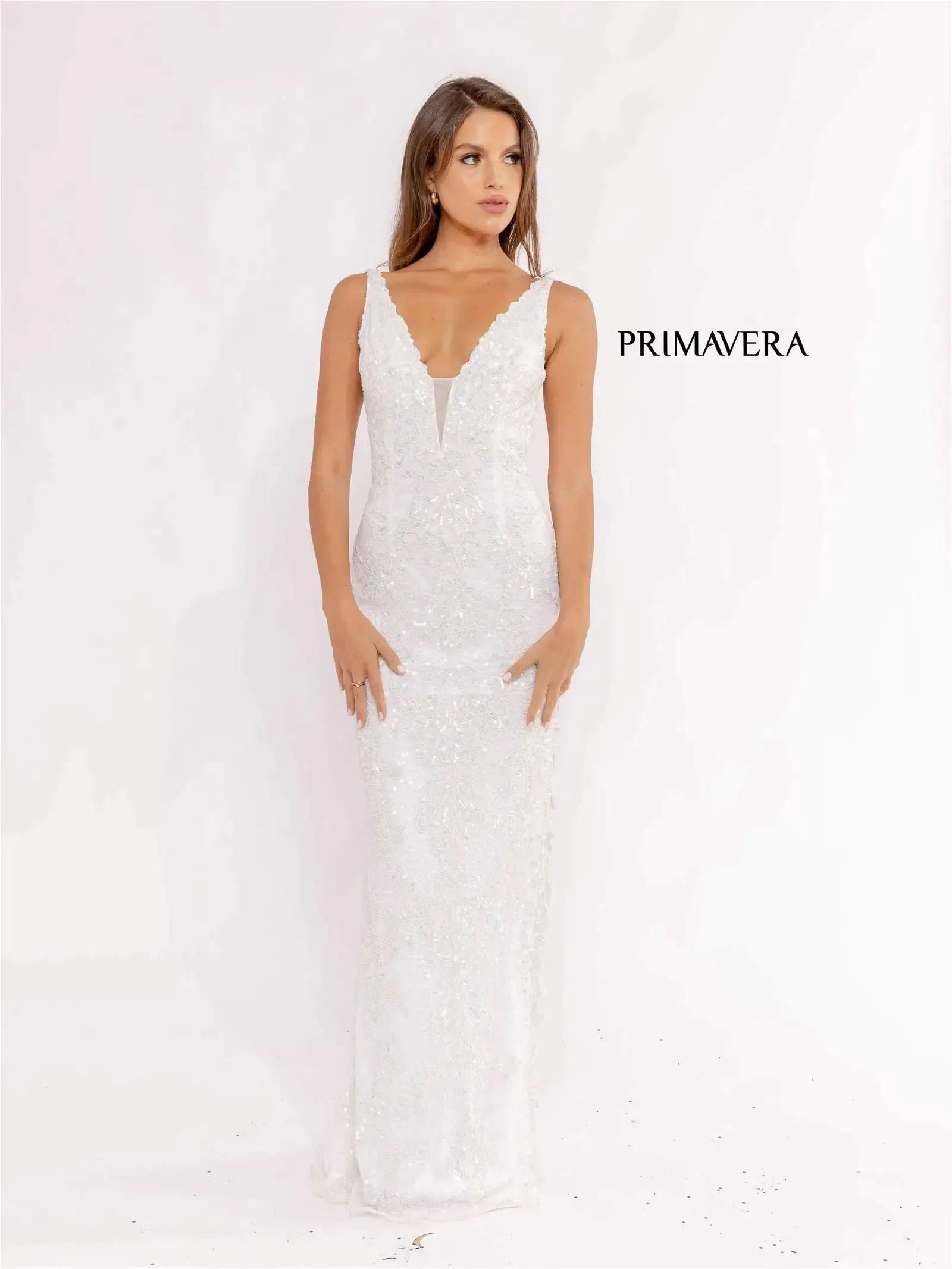 Primavera Couture 3953 Long Beaded Sequin Side Slit Prom Dress Formal Pageant Gown V Neck