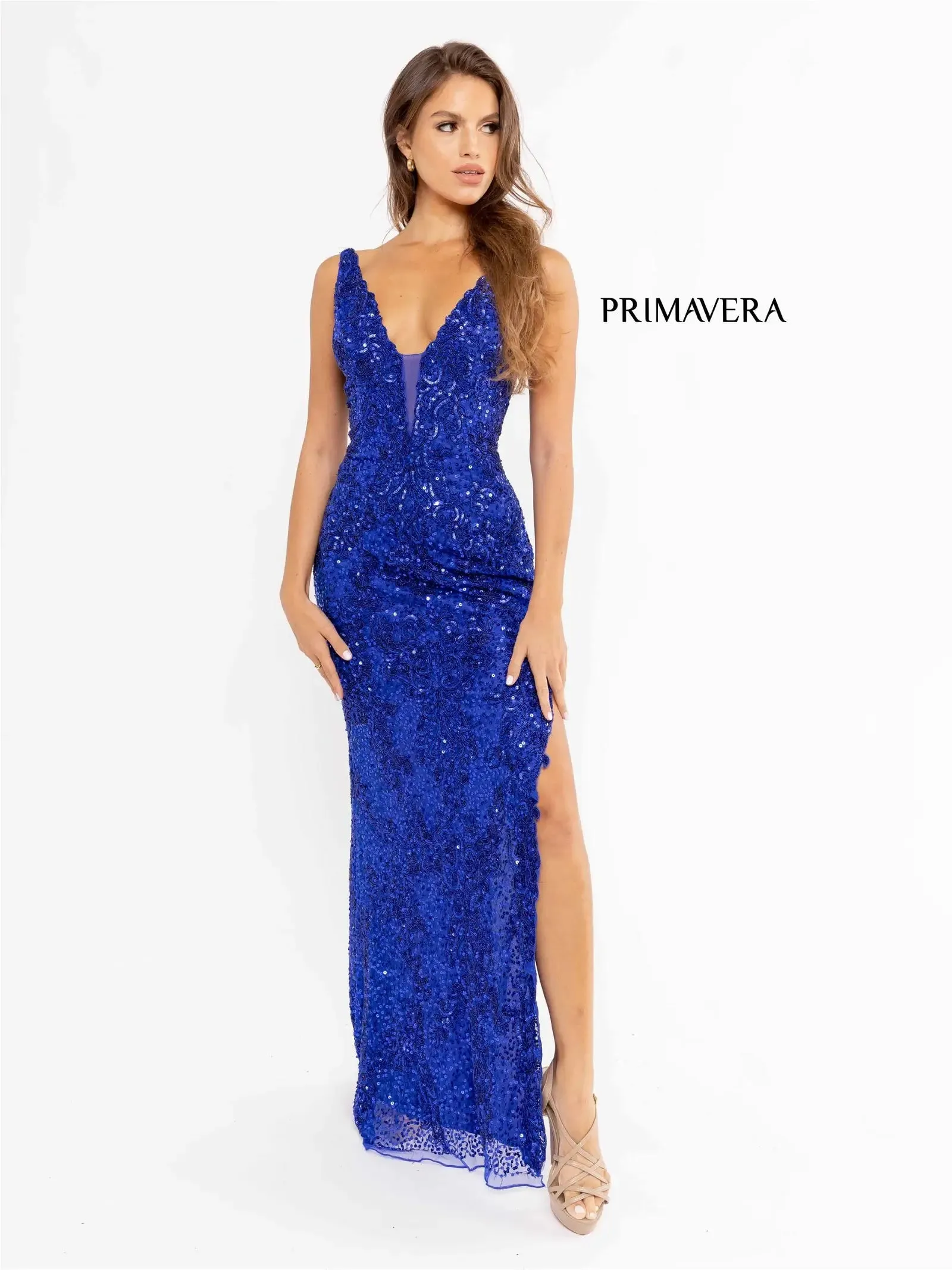 Primavera Couture 3953 Long Beaded Sequin Side Slit Prom Dress Formal Pageant Gown V Neck