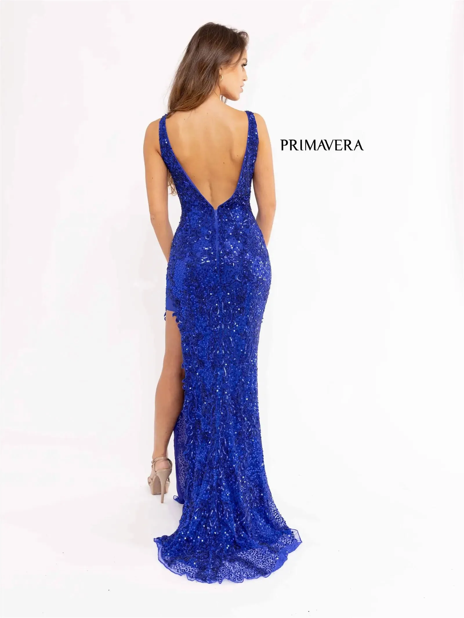 Primavera Couture 3953 Long Beaded Sequin Side Slit Prom Dress Formal Pageant Gown V Neck