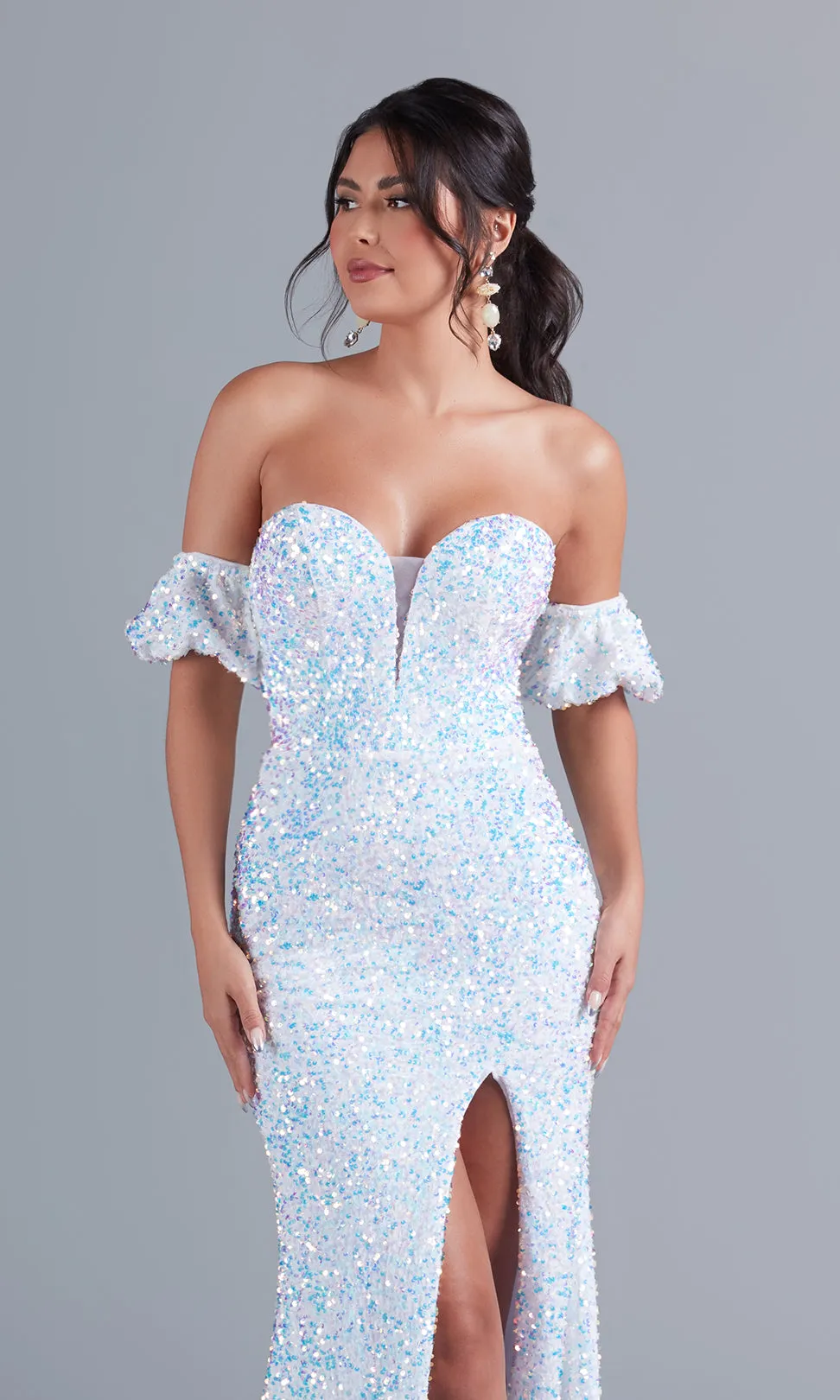 Puff-Sleeve Strapless Long White Sequin Prom Dress