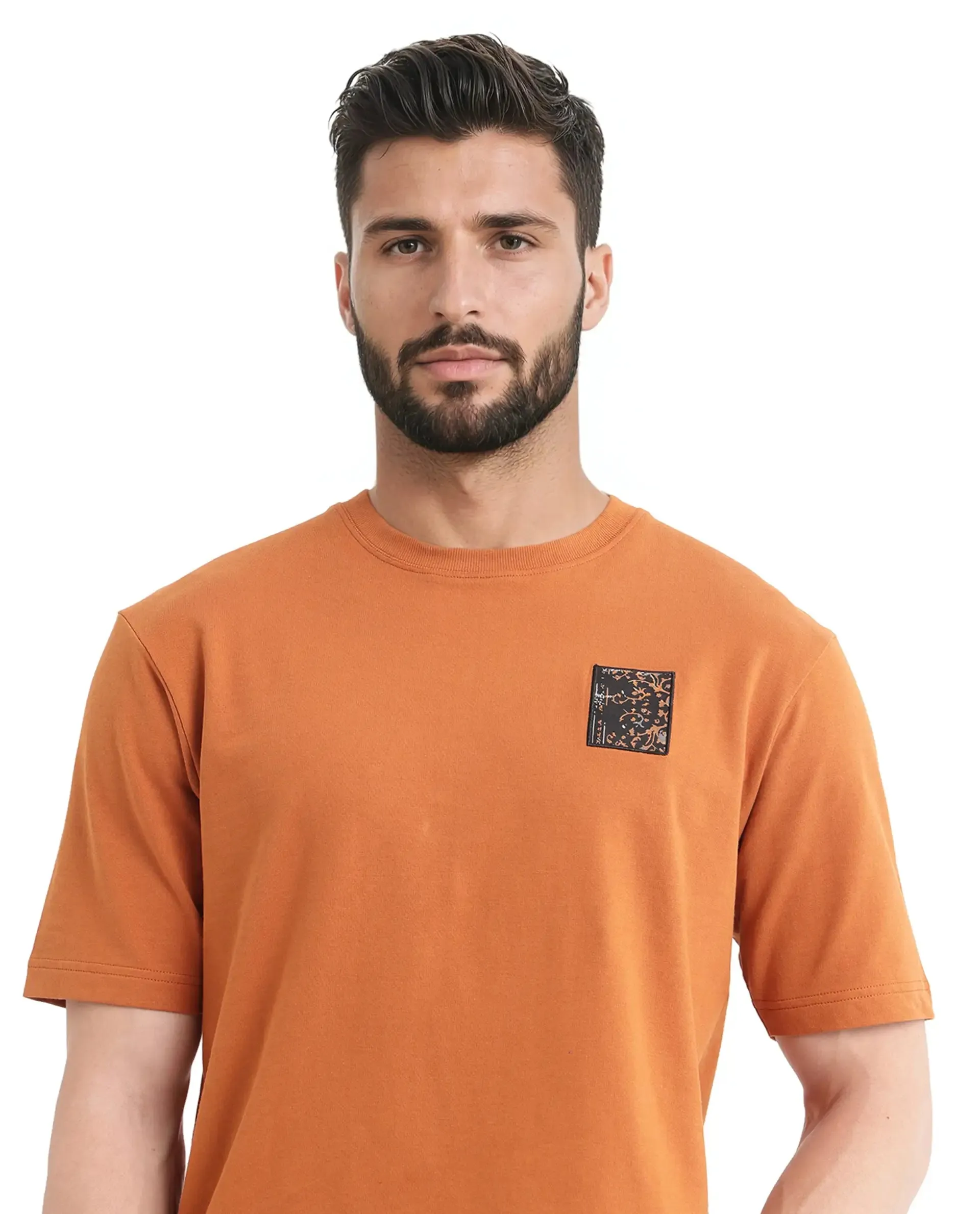 Rare Rabbit Men Rugy Rust Cotton Fabric Short Sleeve Crew Neck Qlo Fit Graphic Back Print T-Shirt