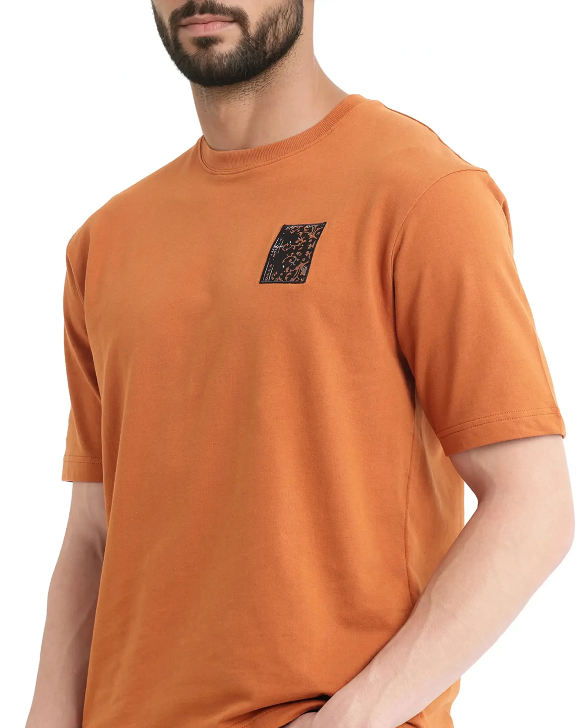 Rare Rabbit Men Rugy Rust Cotton Fabric Short Sleeve Crew Neck Qlo Fit Graphic Back Print T-Shirt