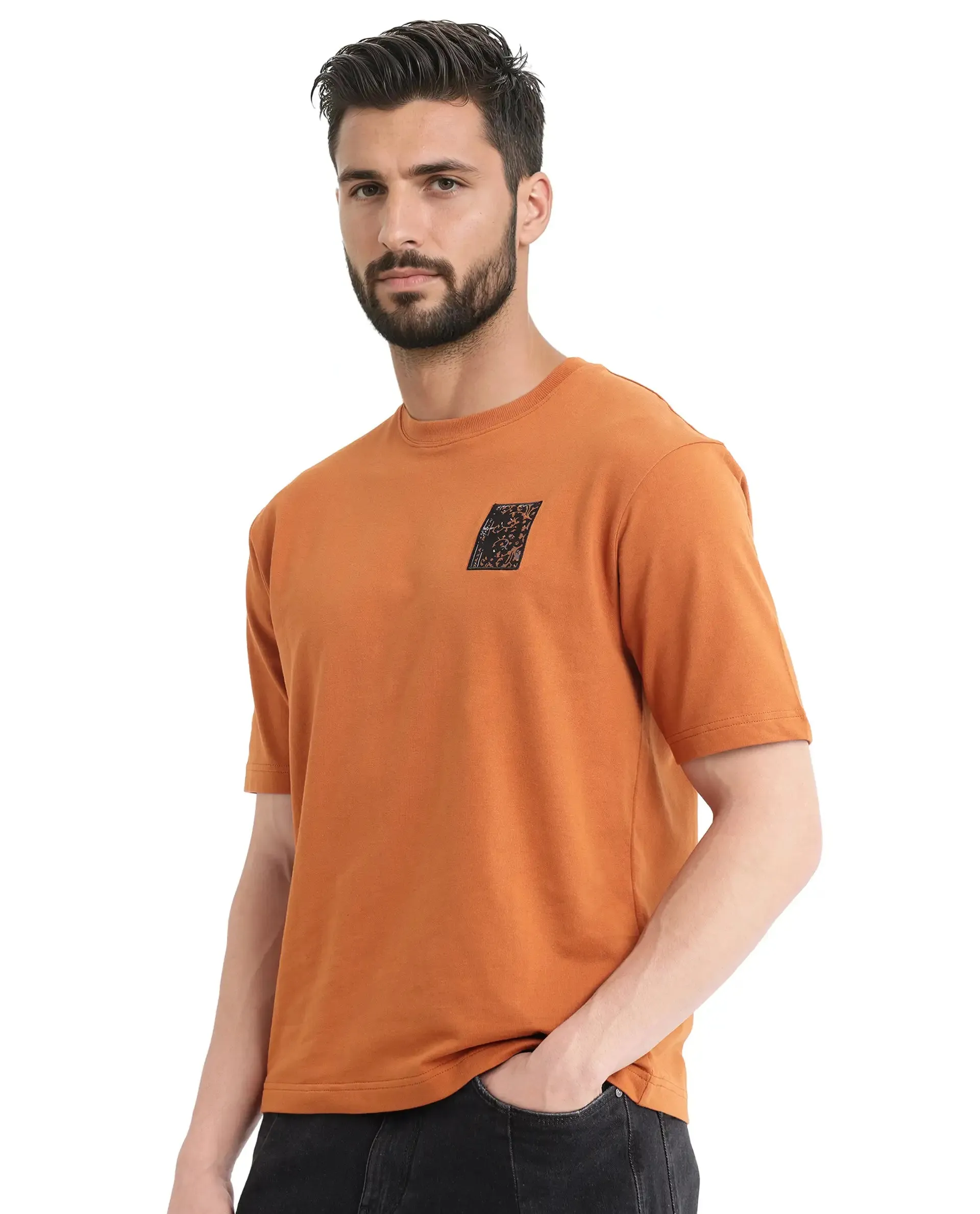 Rare Rabbit Men Rugy Rust Cotton Fabric Short Sleeve Crew Neck Qlo Fit Graphic Back Print T-Shirt