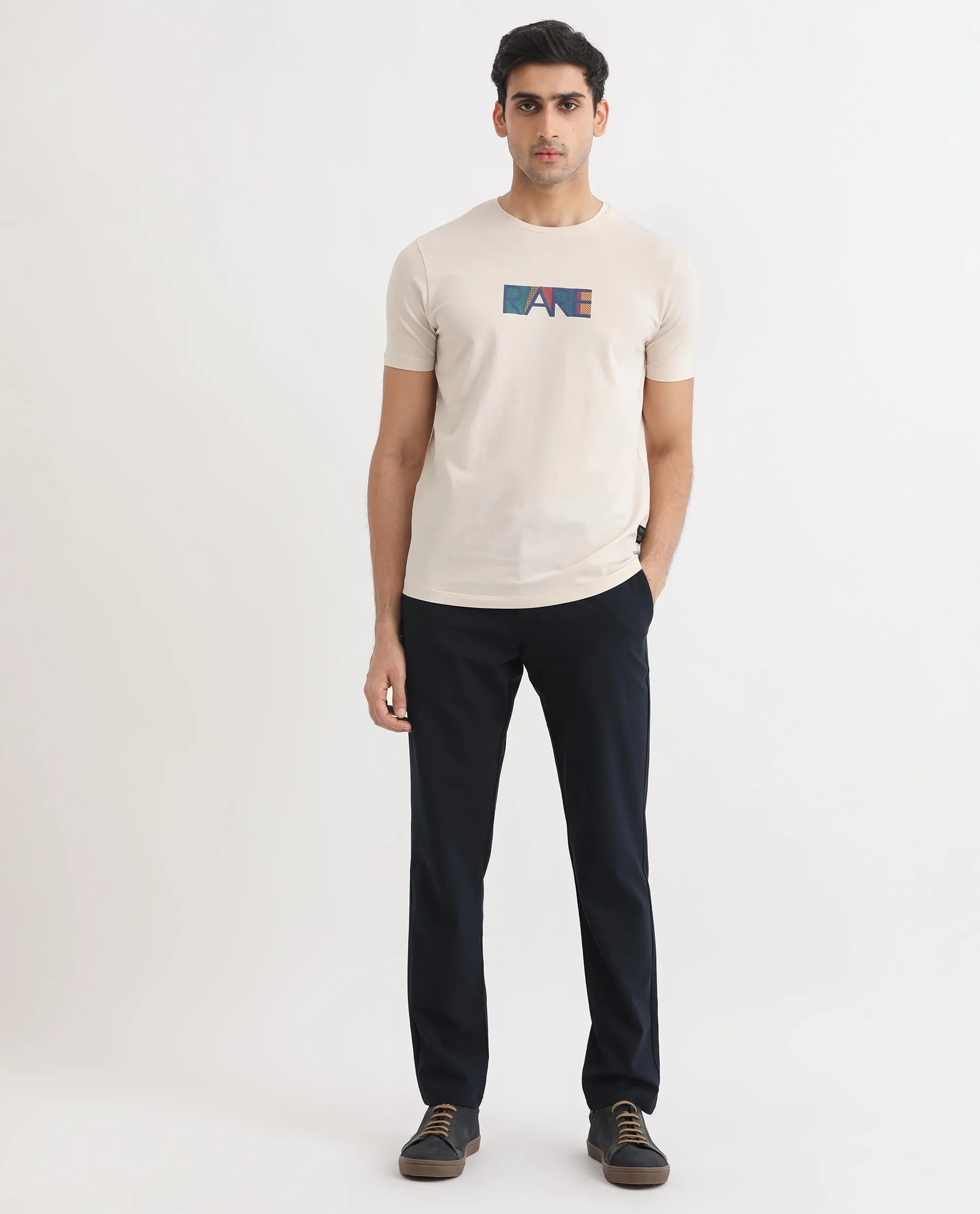 Rare Rabbit Men's Caxton Off-White Half Sleeves Regular Fit Graphic Branding Print T-Shirt